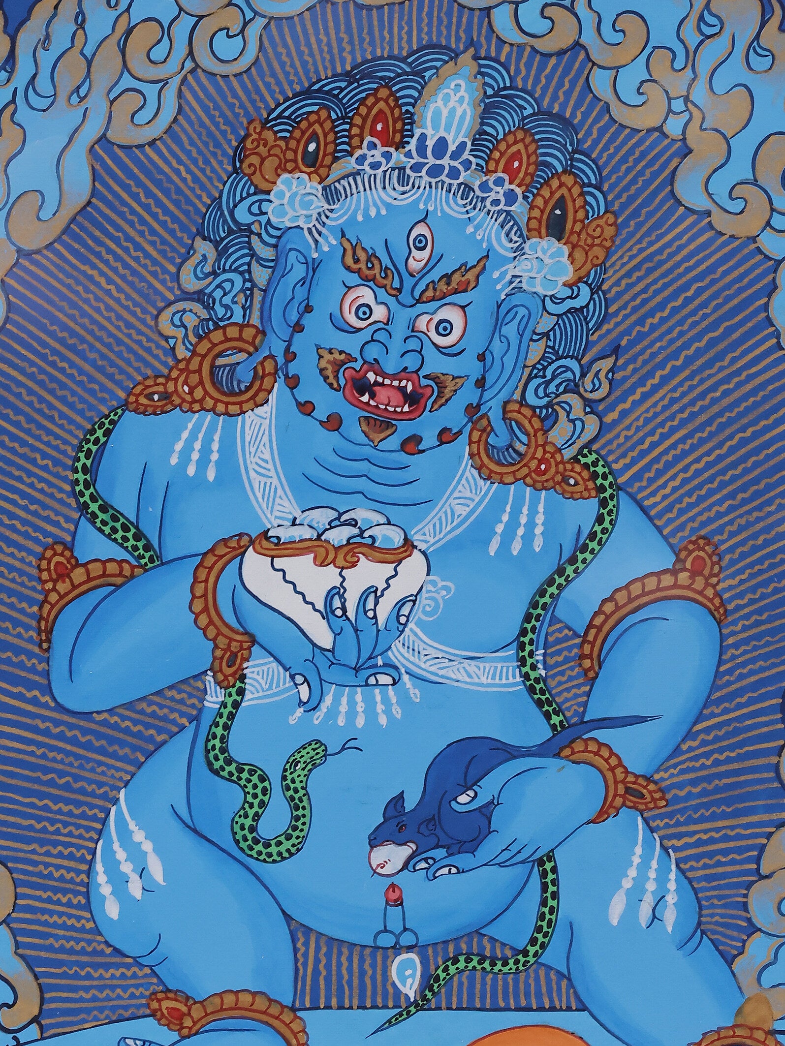 Six-armed Mahakala portrayed in a blue thangka, symbolizing the removal of obstacles and the attraction of wealth.