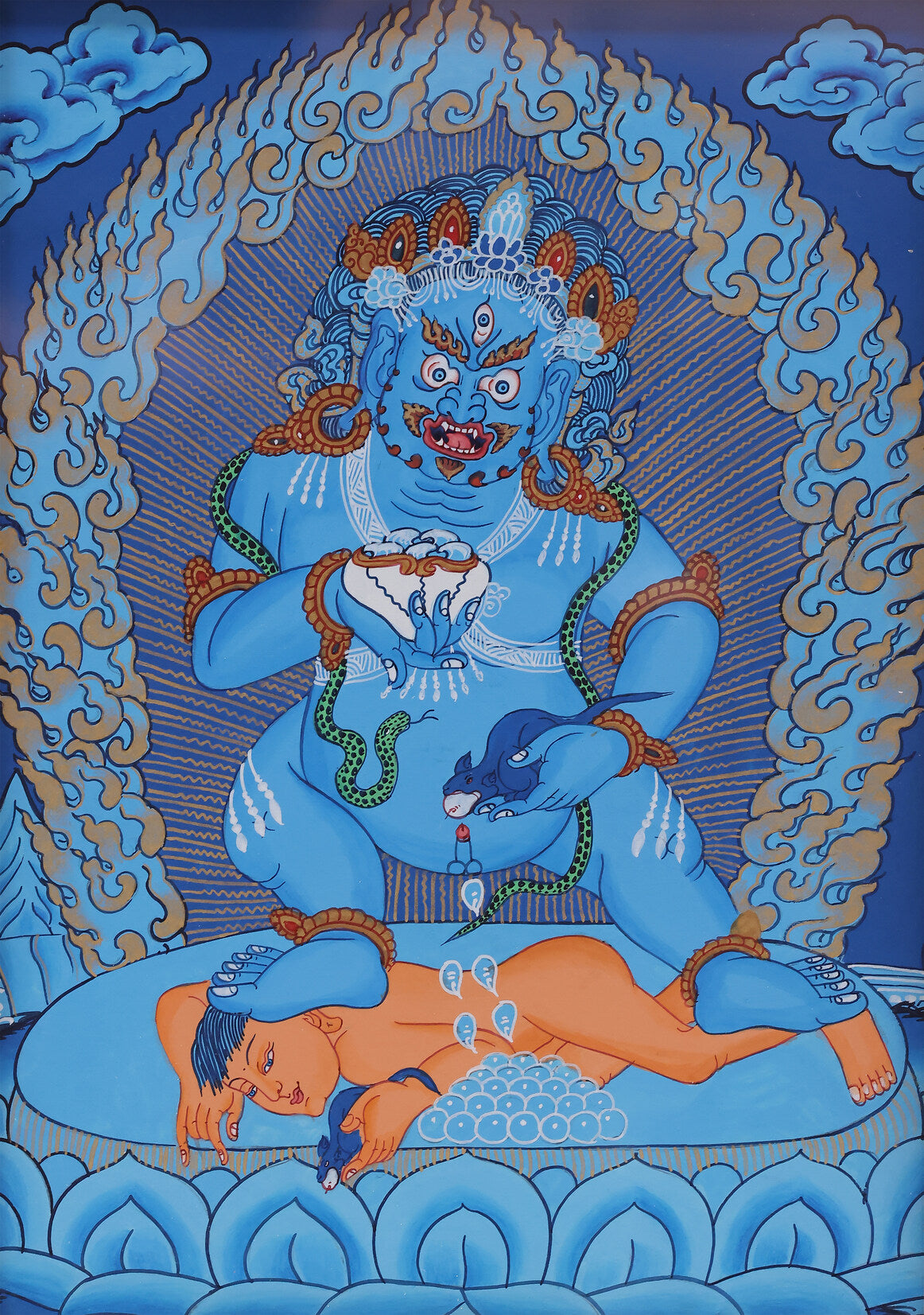 Blue thangka depicting Mahakala, the Black Wealth Deity in Tibetan Buddhist culture, symbolizing protection and prosperity.
