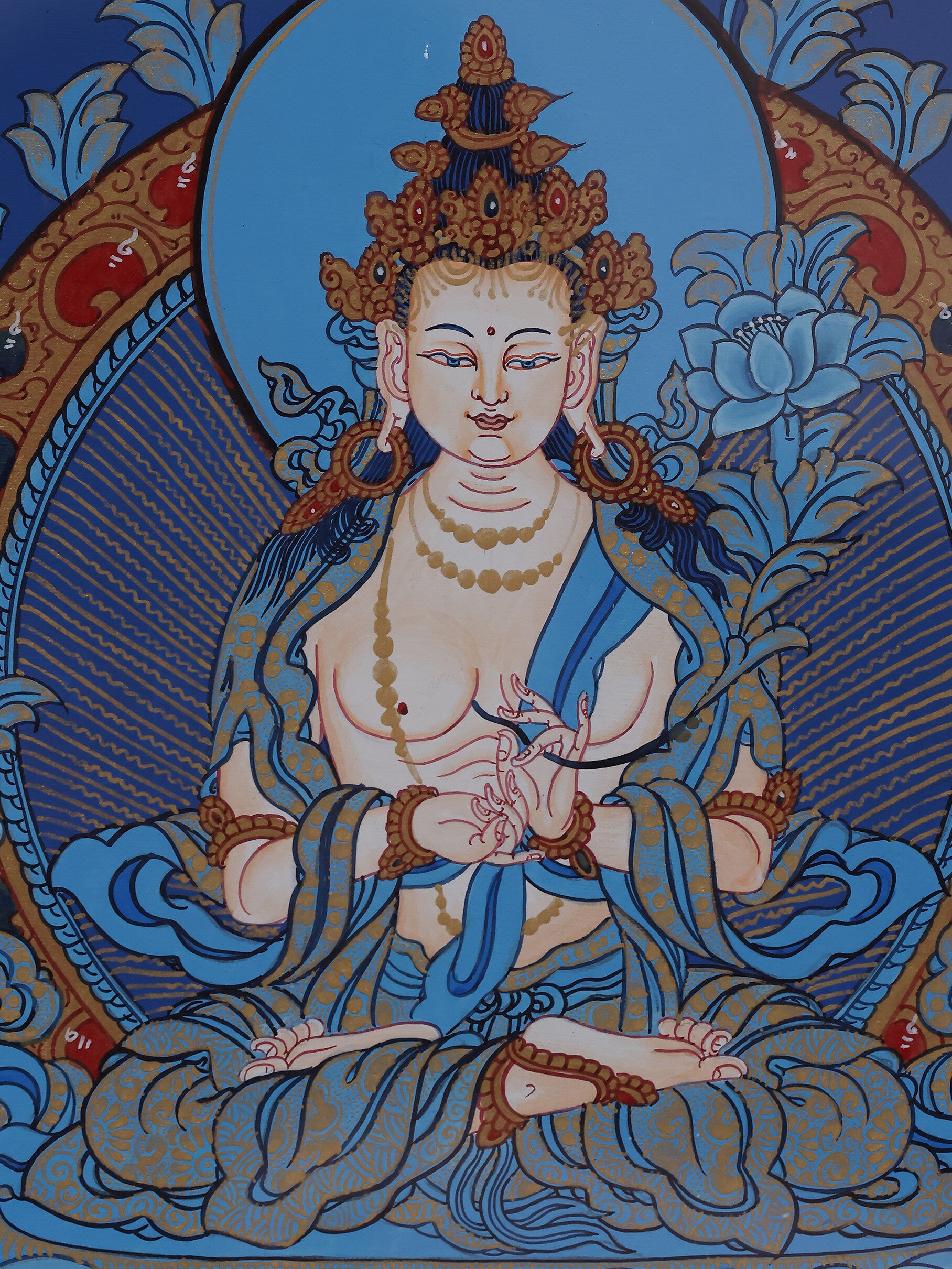 Authentic hand-painted Tibetan blue thangka of Mahasthamaprapta Bodhisattva created for devotional practice