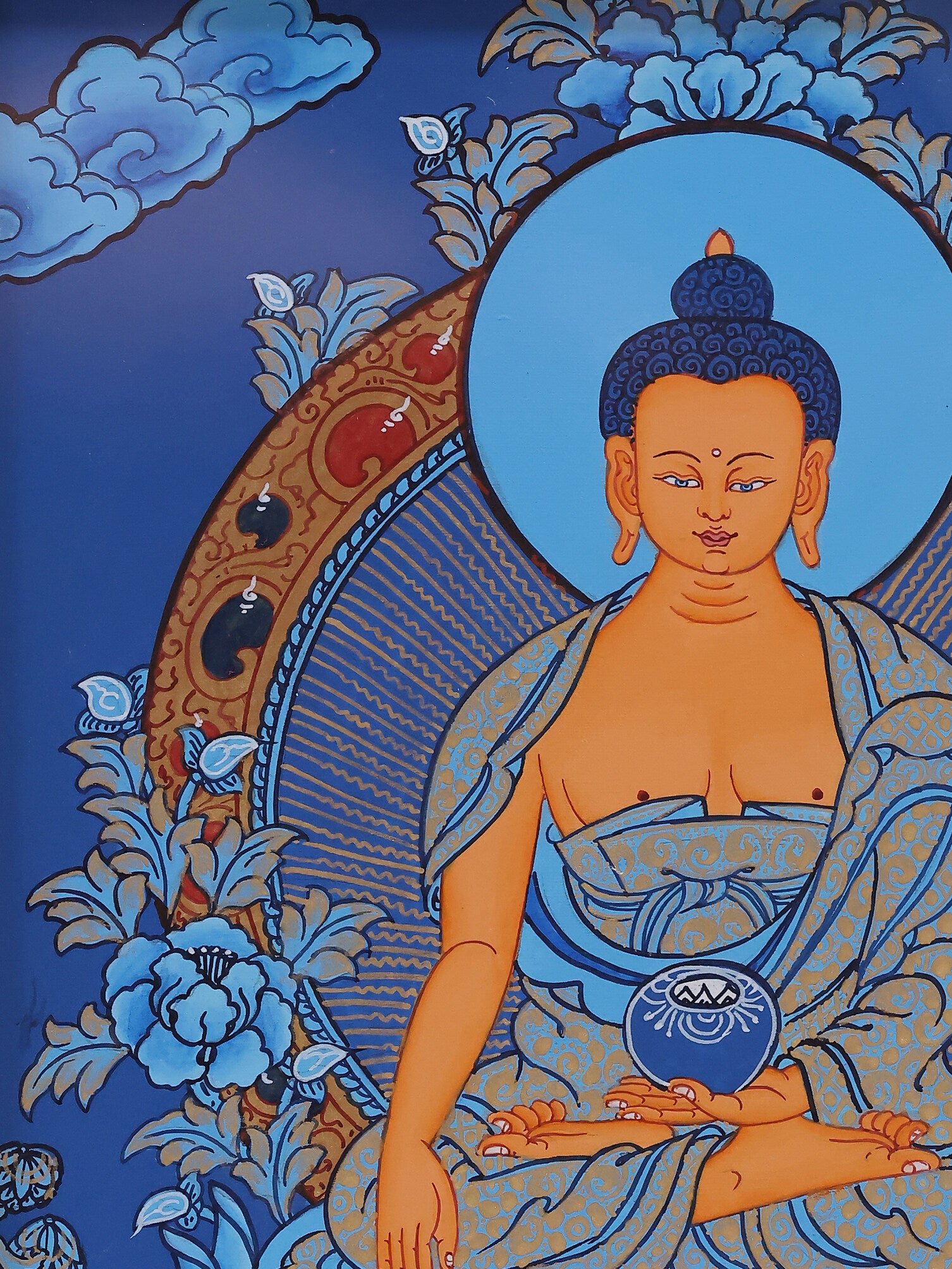 Traditional blue ground thangka featuring Shakyamuni Buddha, Tibetan Buddhist religious painting