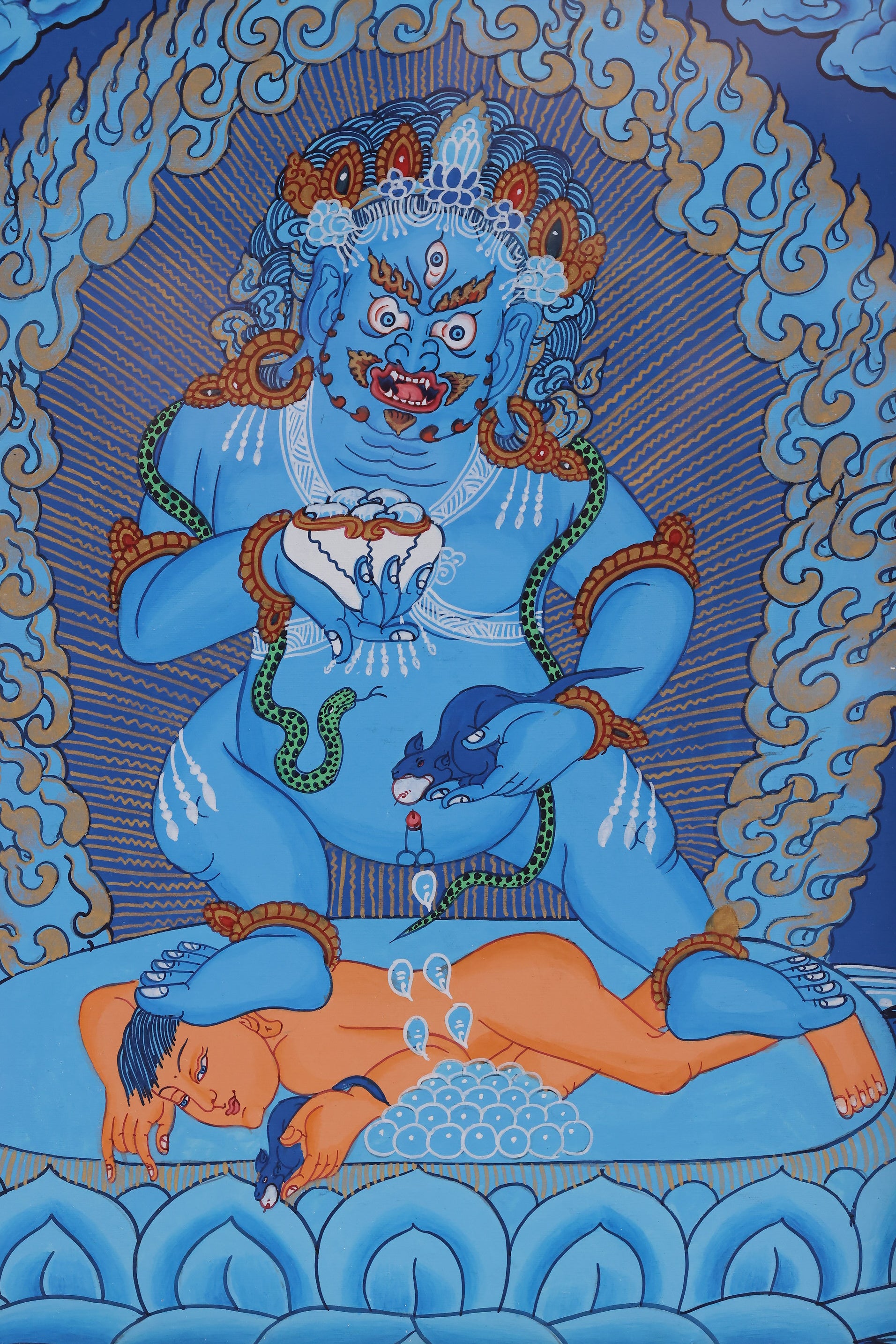 Blue thangka artwork of Black Mahakala, the wrathful wealth protector in Tibetan Buddhist iconography.