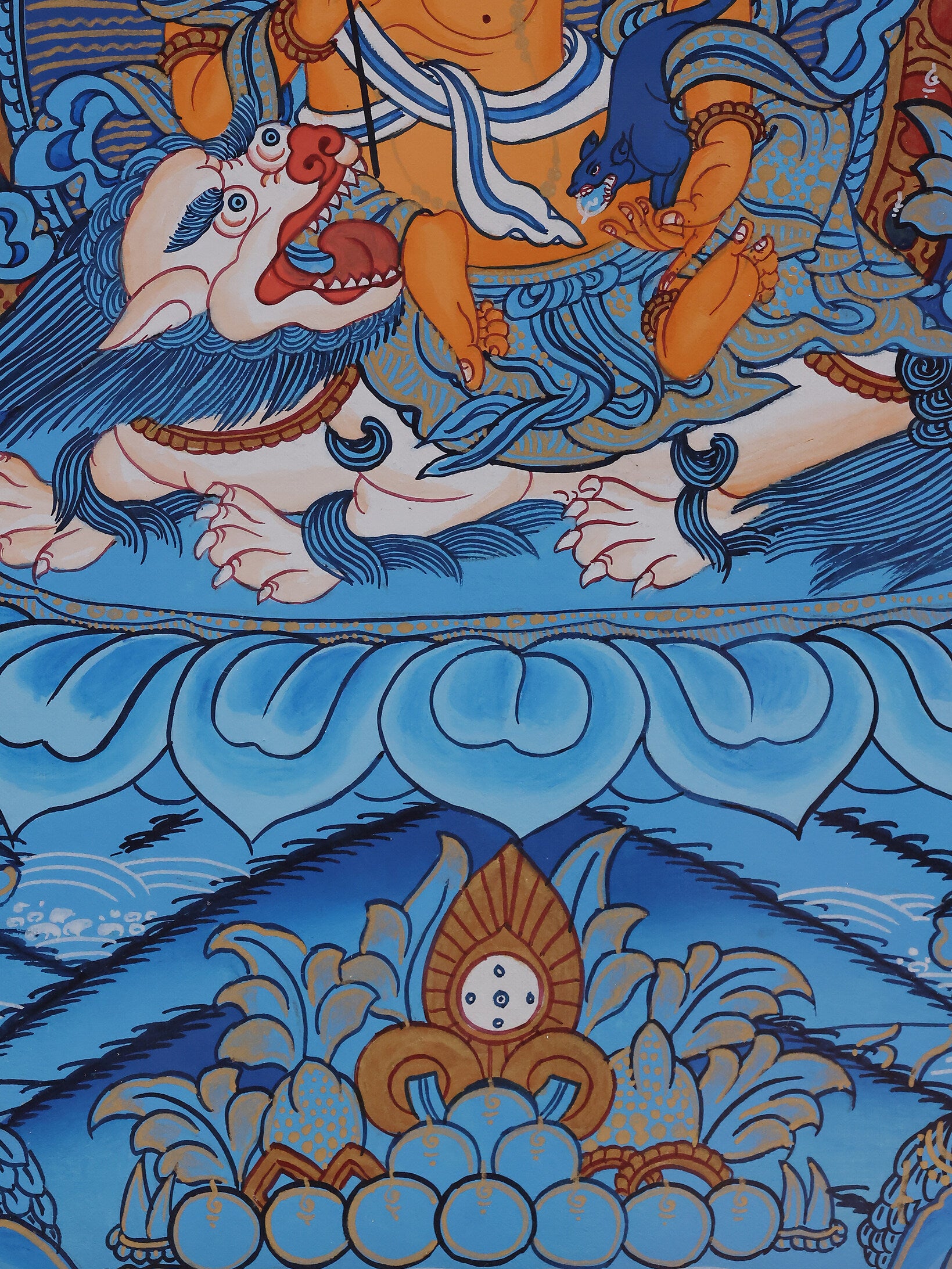 Alt text: Tibetan Buddhist Blue Treasure King Thangka, intricate hand-painted Buddhist art symbolizing wealth and guardianship.