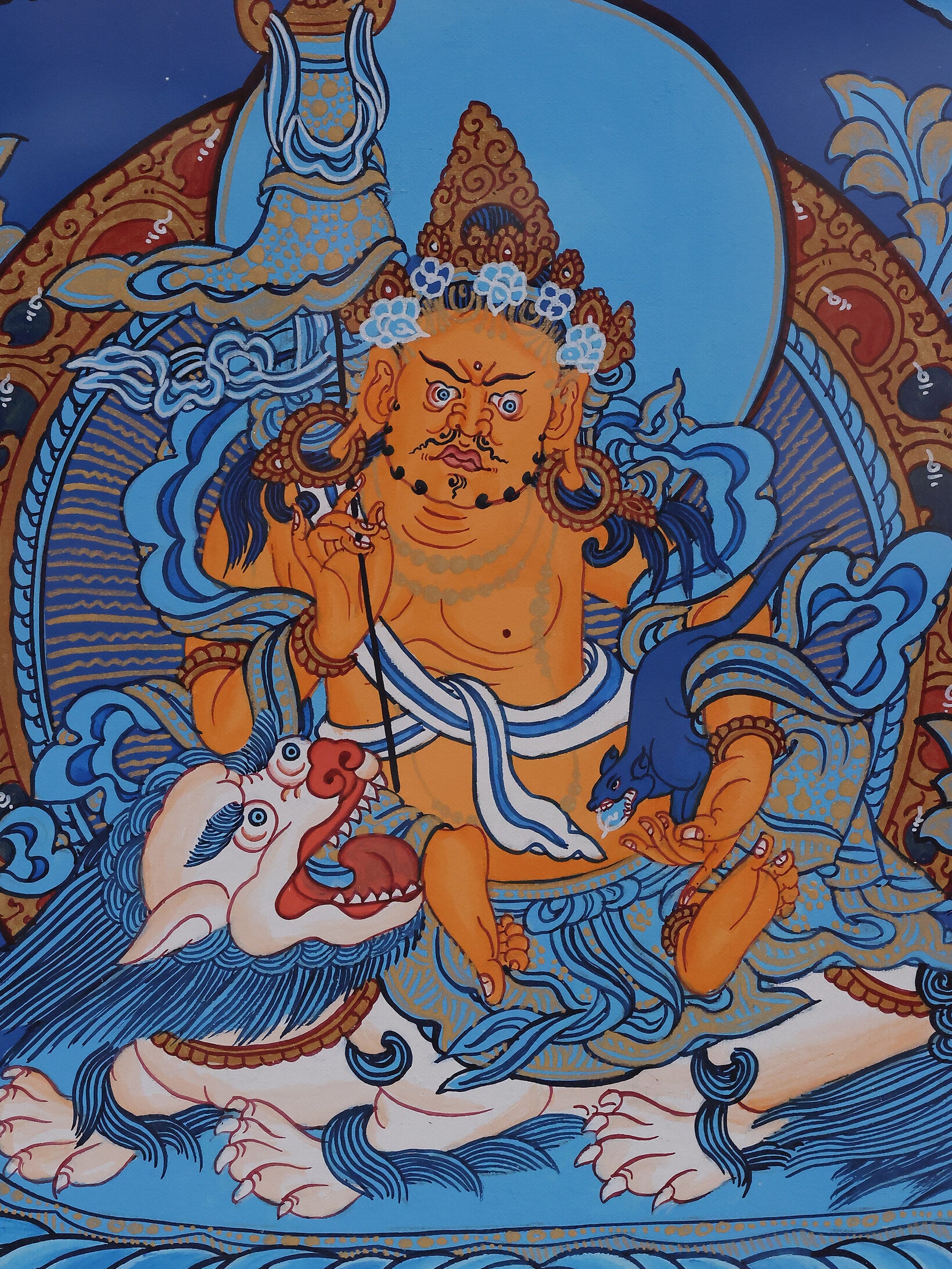 Alt text: Hand-painted Blue Treasure King Thangka, a sacred Tibetan Buddhist painting depicting the deity’s power and blessings.