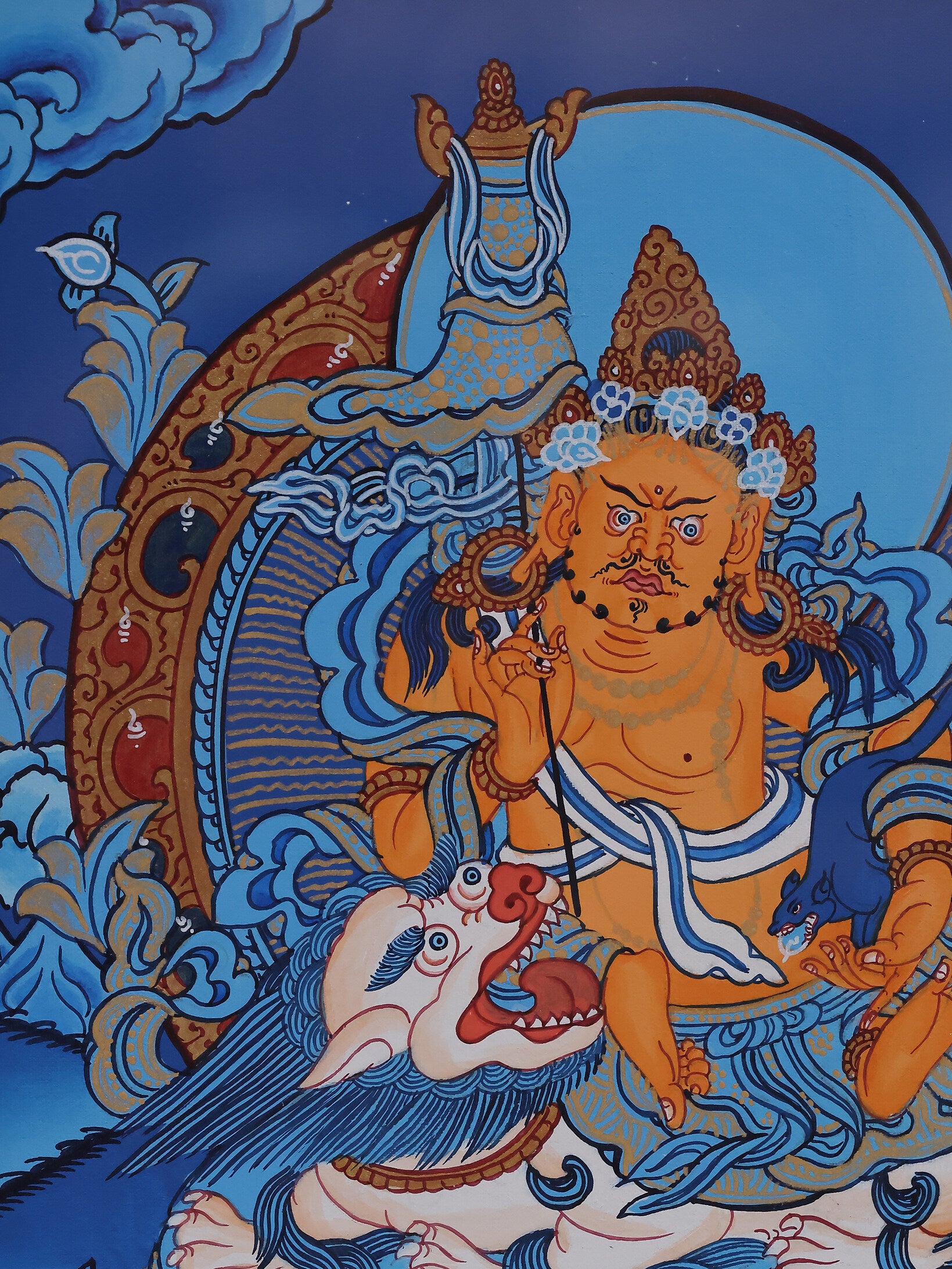 Alt text: Spiritual Blue Treasure King Thangka, hand-painted Tibetan Buddhist artwork representing protection, prosperity, and sacred energy.