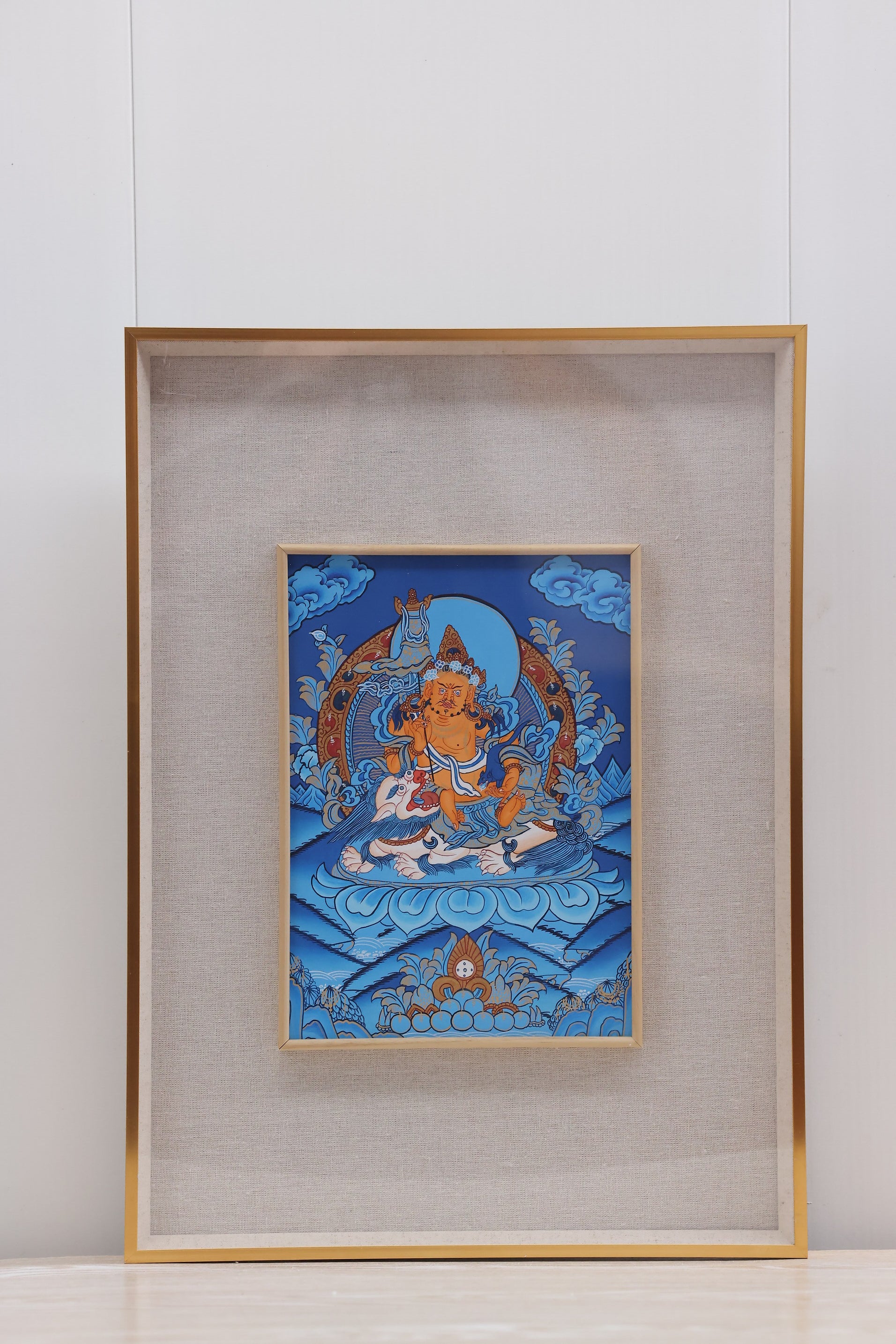 Alt text: Hand-painted Blue Treasure King Thangka, exquisite Tibetan Buddhist protector deity painting for spiritual and material blessings.