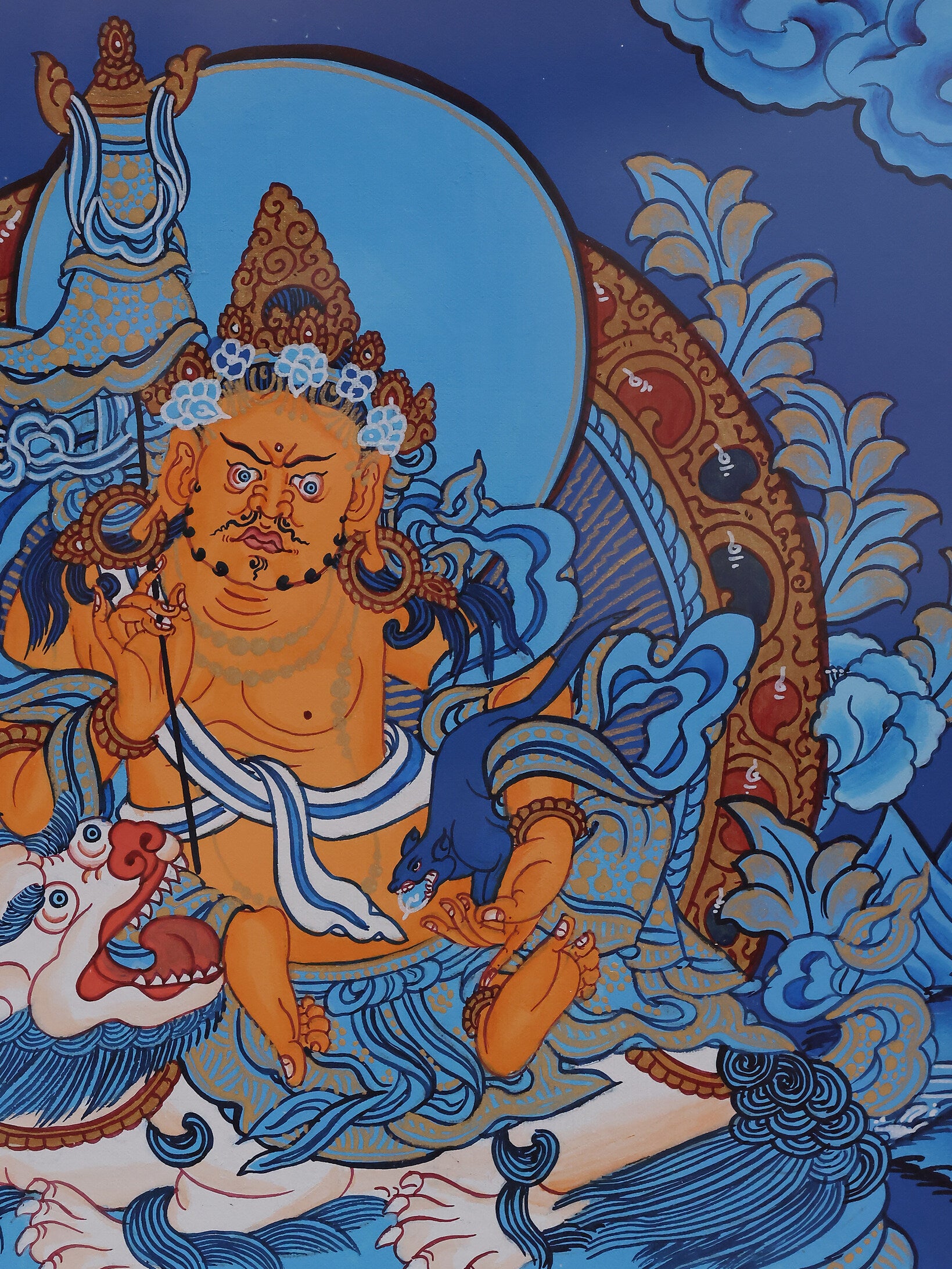 Alt text: Tibetan Buddhist Blue Treasure King Thangka, hand-painted artwork showcasing sacred guardian deity and wealth symbolism.
