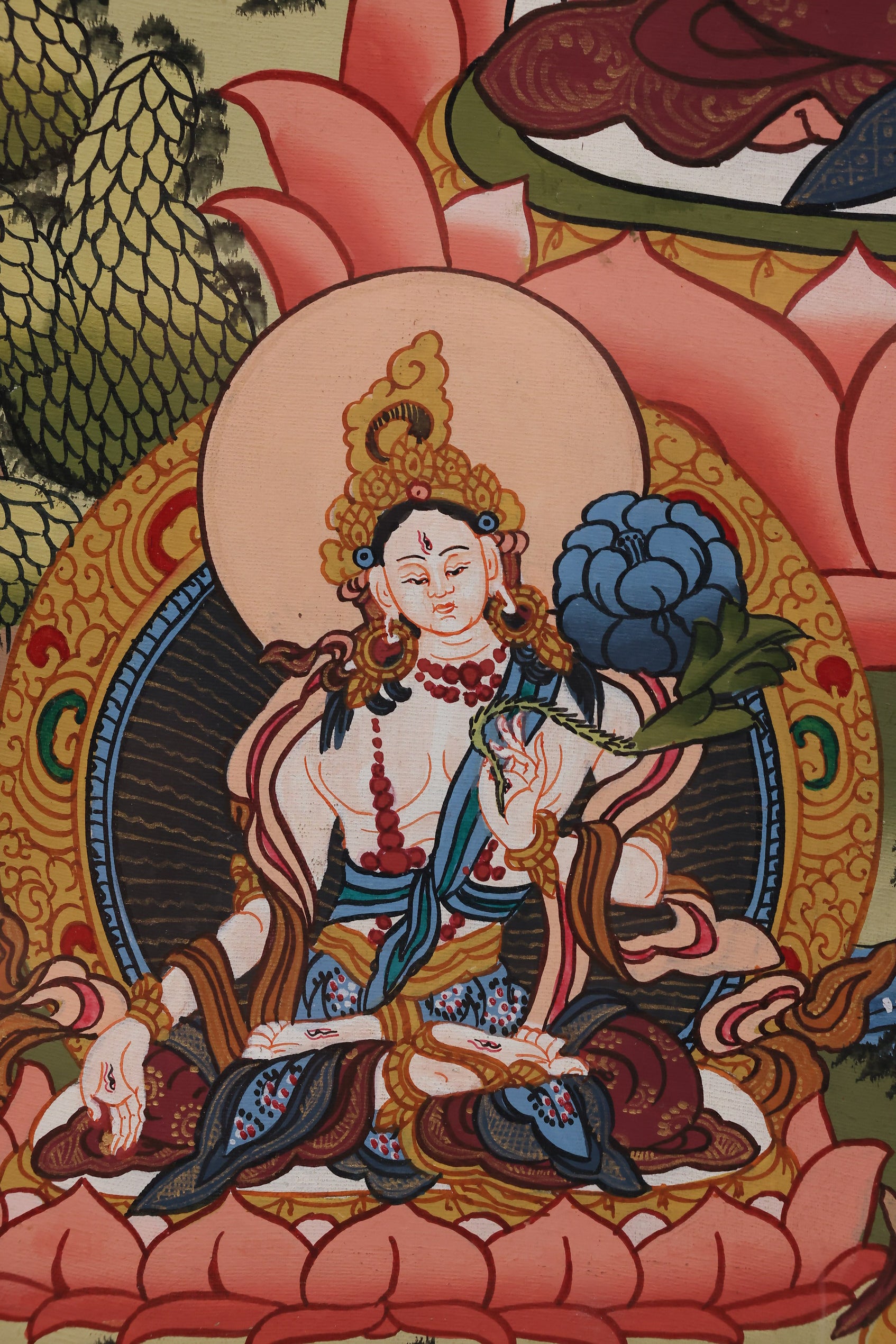 Yellow Jambhala blessing in Longevity Buddha Thangka representing wealth, prosperity, and life nourishment.