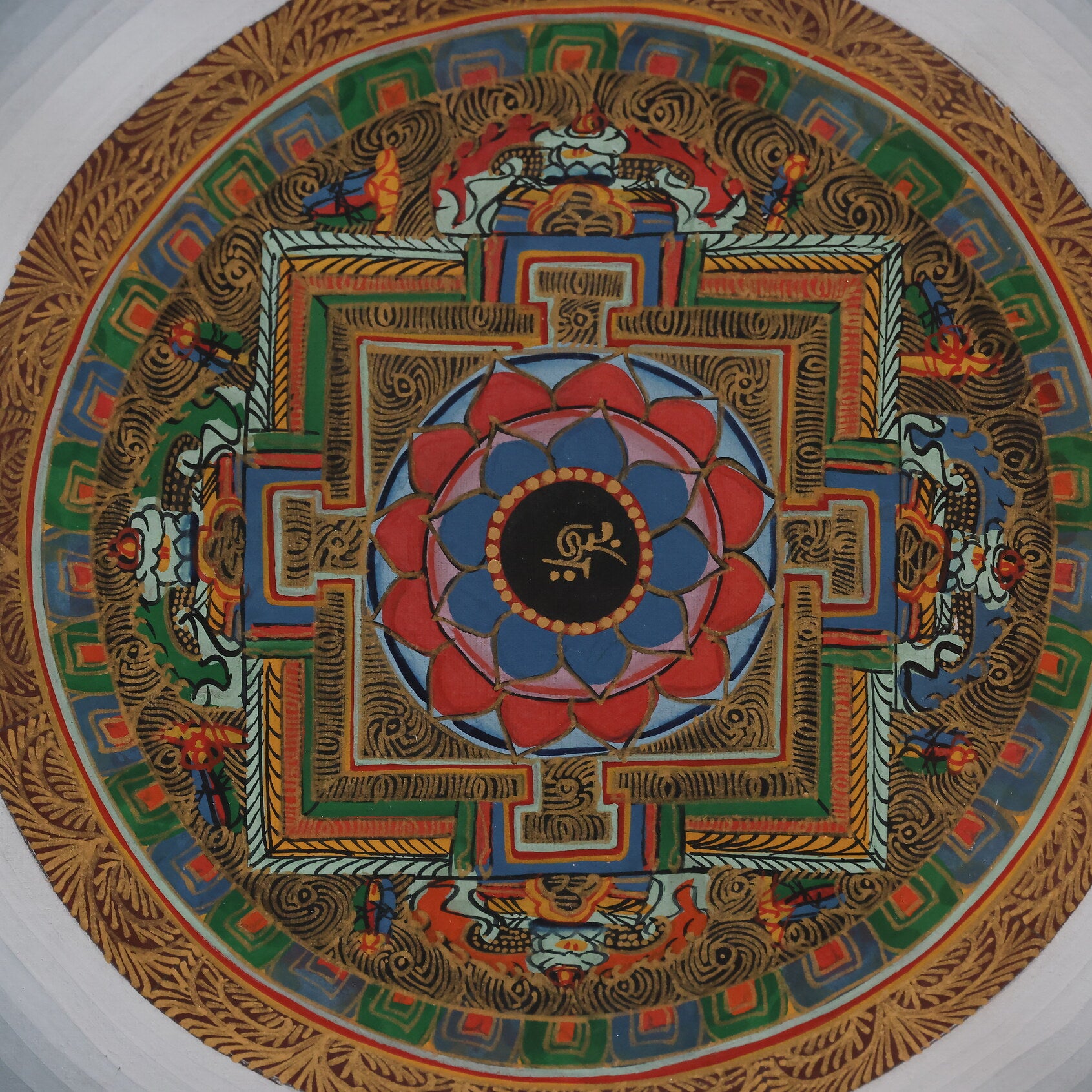 Himalayan seed syllable mandala spiritual practice thangka, a sacred chart used for mental cultivation in Tibetan Buddhist tradition.