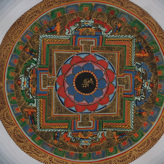 Himalayan seed syllable mandala spiritual practice thangka, a sacred chart used for mental cultivation in Tibetan Buddhist tradition.