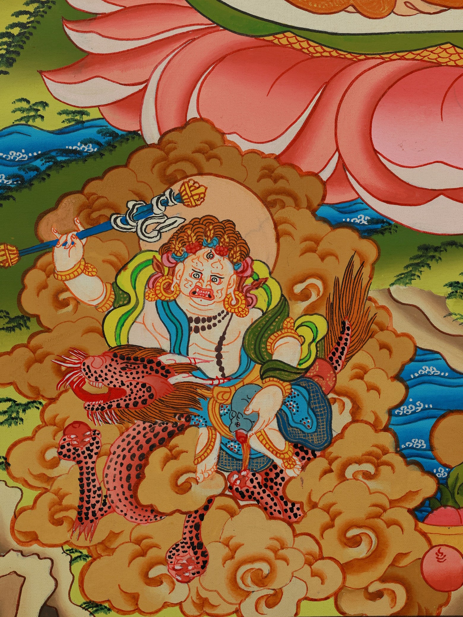 Five Way Wealth Gods Thangka featuring Yellow Jambhala, a sacred Tibetan Buddhist painting for wealth and good fortune