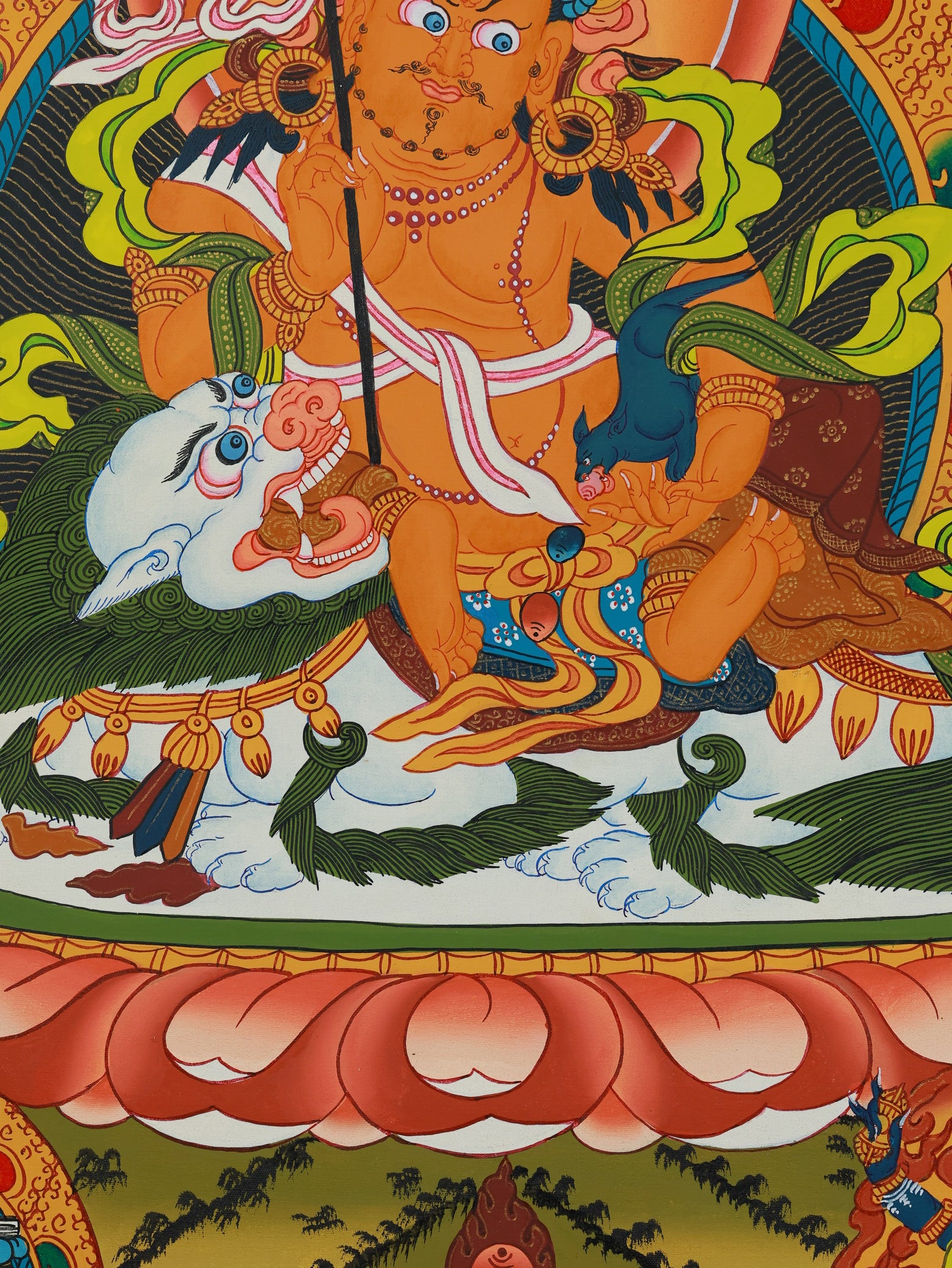 Tibetan Buddhist Yellow Jambhala wealth guardian mandala thangka for protection and success