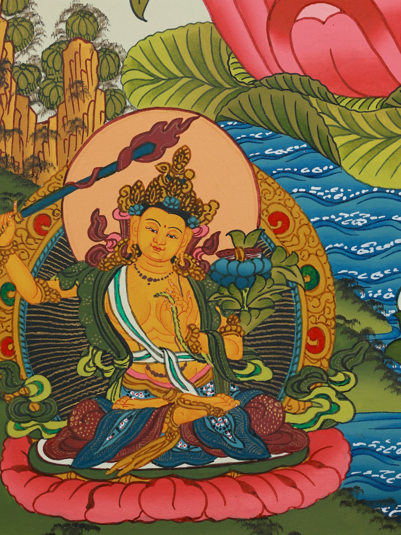 Four-Armed Avalokiteshvara mantra thangka representing spiritual protection and compassionate blessings