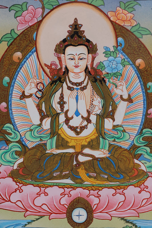 Chenrezig with four arms in a traditional Tibetan Buddhist color thangka, symbolizing boundless mercy