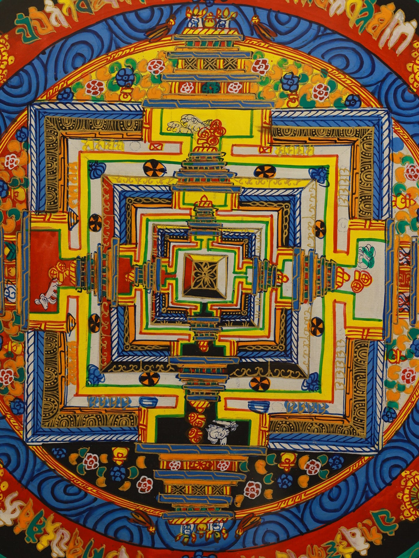 Traditional Tibetan mandala thangka art illustrating sacred geometry and symbolic gates, expressing wisdom, compassion, and the path to enlightenment in Tibetan Buddhist tantric practice.