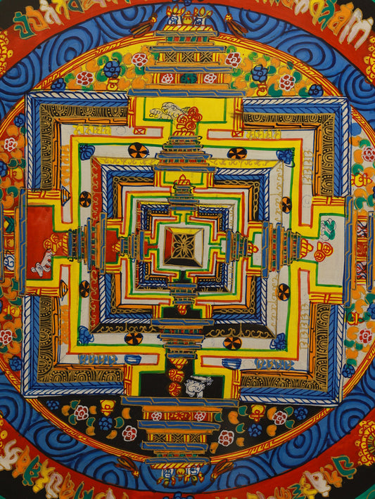 Traditional Tibetan mandala thangka art illustrating sacred geometry and symbolic gates, expressing wisdom, compassion, and the path to enlightenment in Tibetan Buddhist tantric practice.
