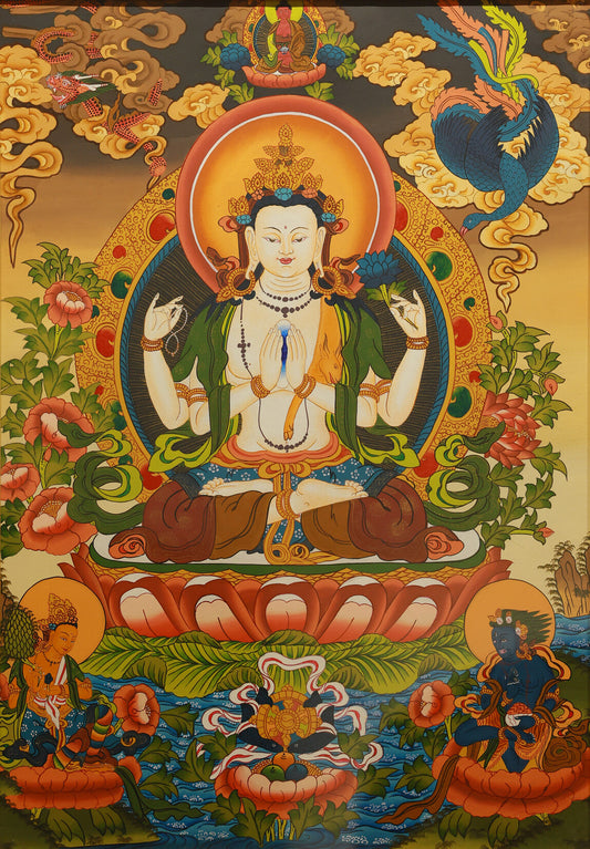 Color Tibetan thangka depicting Four-Armed Avalokiteshvara, symbol of compassion in Tibetan Buddhism