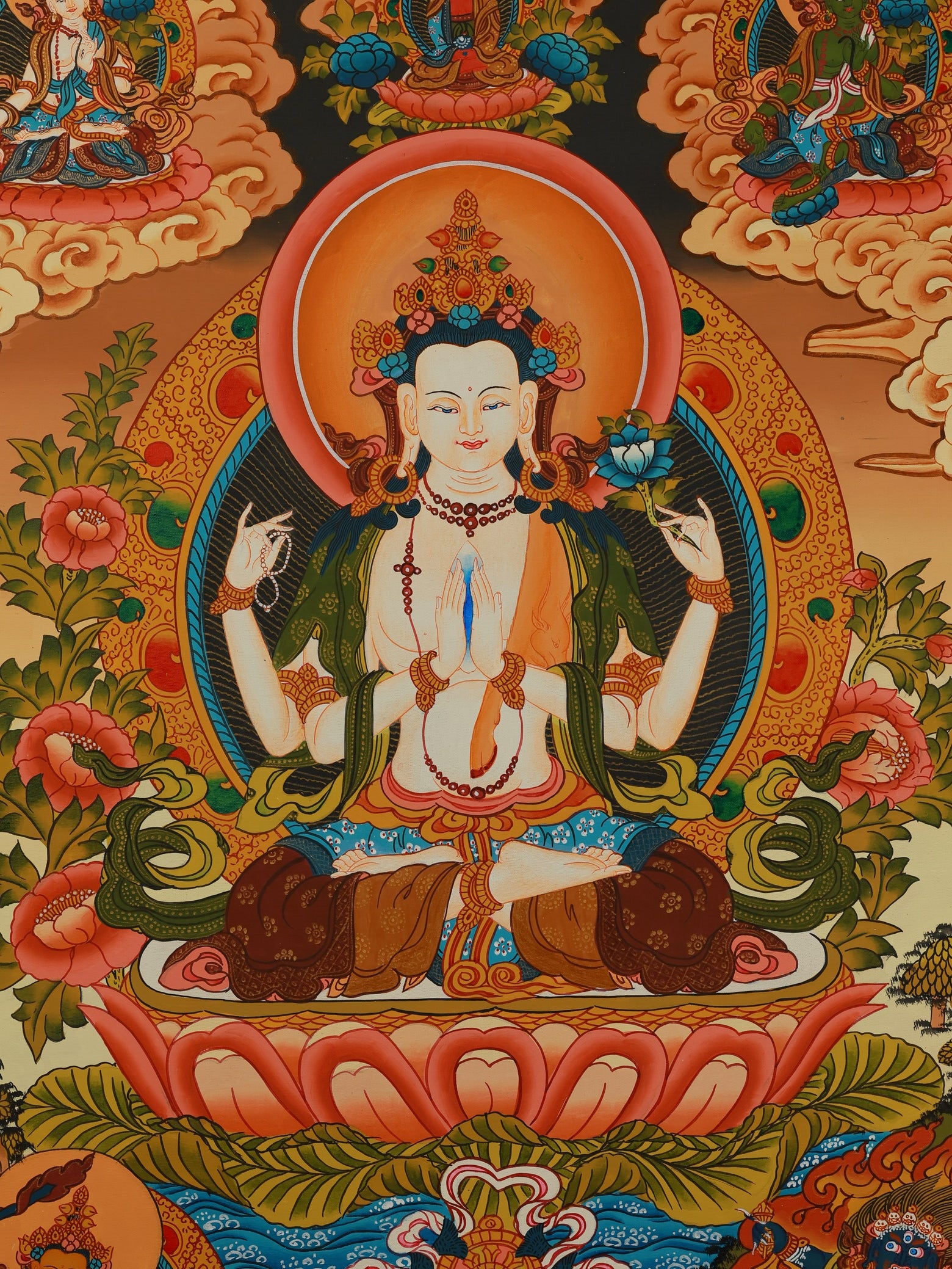 Tibetan Thangka depicting Avalokiteshvara with four arms, holding symbolic objects representing compassion and wisdom.