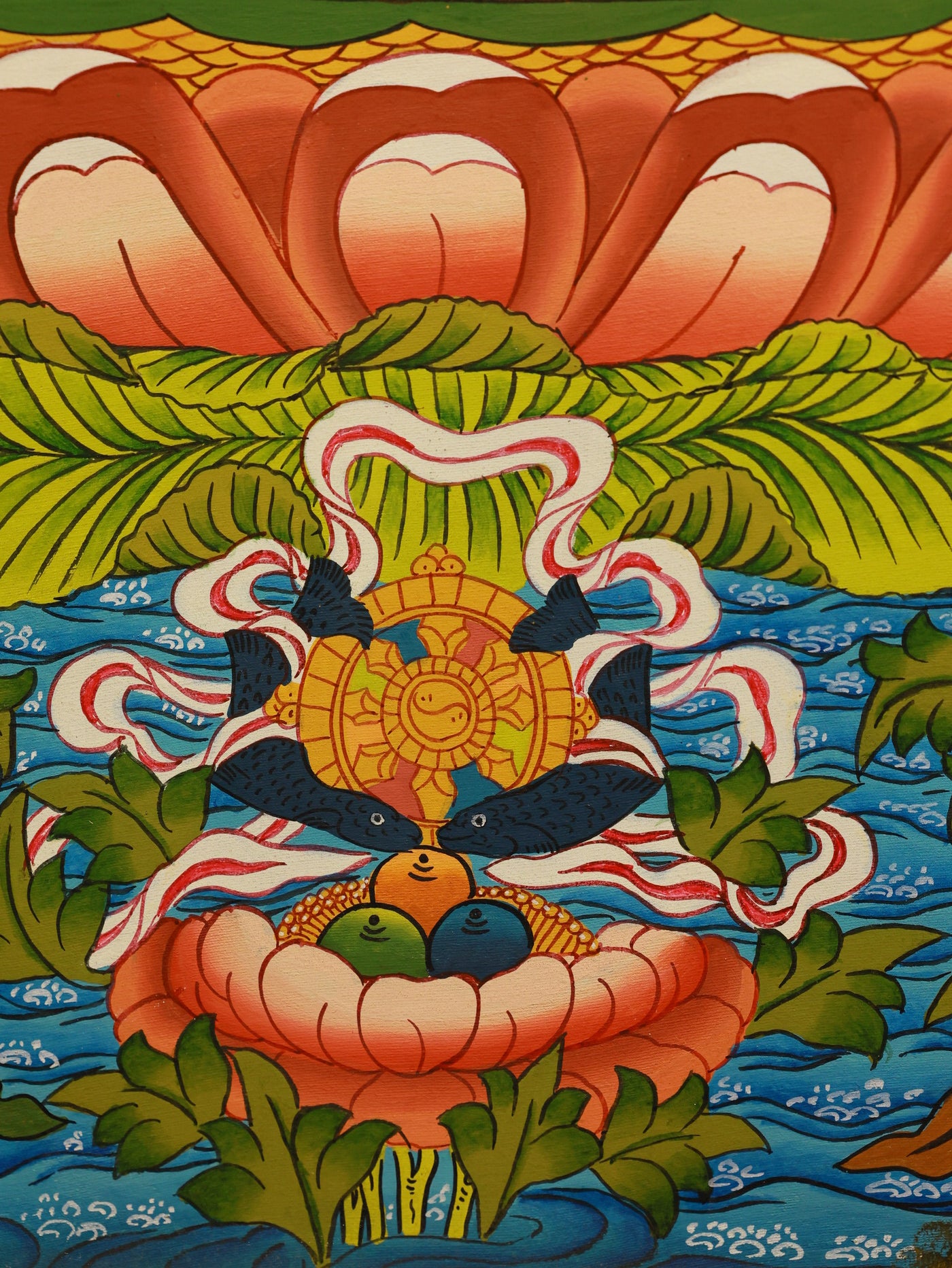 Sacred Tibetan Buddhist artwork featuring Four-Armed Avalokiteshvara in classic thangka style