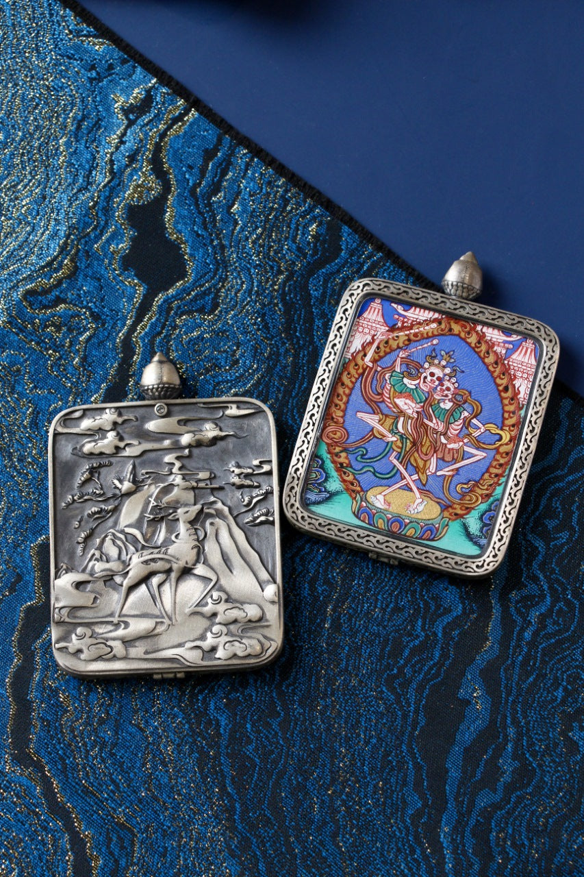 Tibetan Buddhist Chitipati cemetery guardian thangka pendant, representing the dual protectors of the charnel grounds and spiritual awakening
