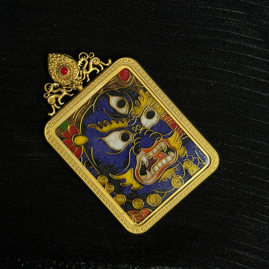  A 4x5cm cloisonné Black Jambhala Thangka pendant with copper 24K gold-plated casing, representing wealth and protection from petty persons in Buddhist tradition.

