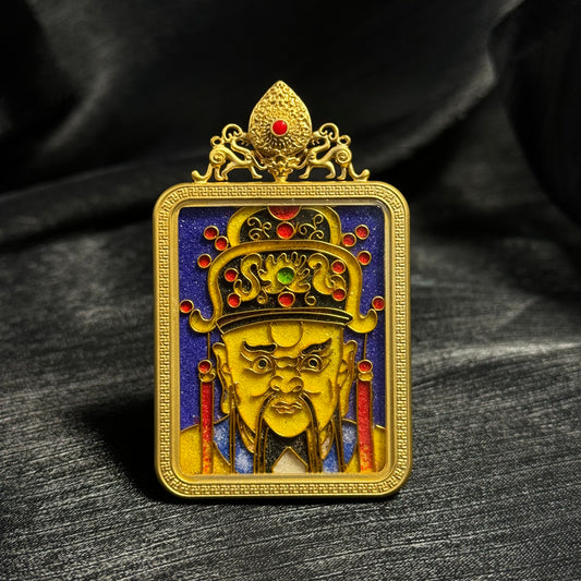 Detailed view of the copper 24K gold-plated casing for the Dragon King cloisonné Thangka pendant.
