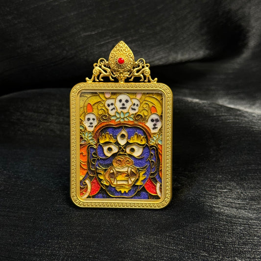  Detailed view of the copper 24K gold-plated casing for the Palden Lhamo cloisonné Thangka pendant.

