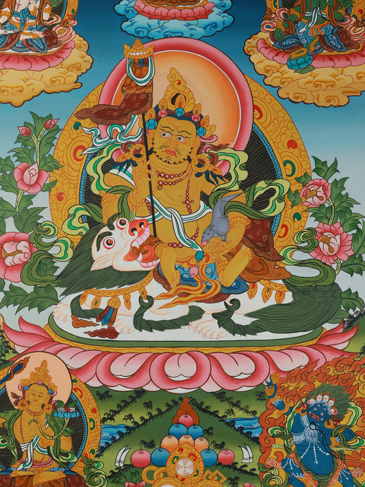 Traditional Tibetan Jambhala Vaishravana thangka symbolizing wealth protection and spiritual abundance