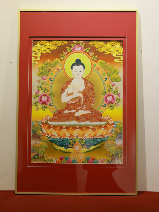 Tibetan Thangka painting of Dainichi Buddha with vibrant mandala background, spiritual and decorative art.