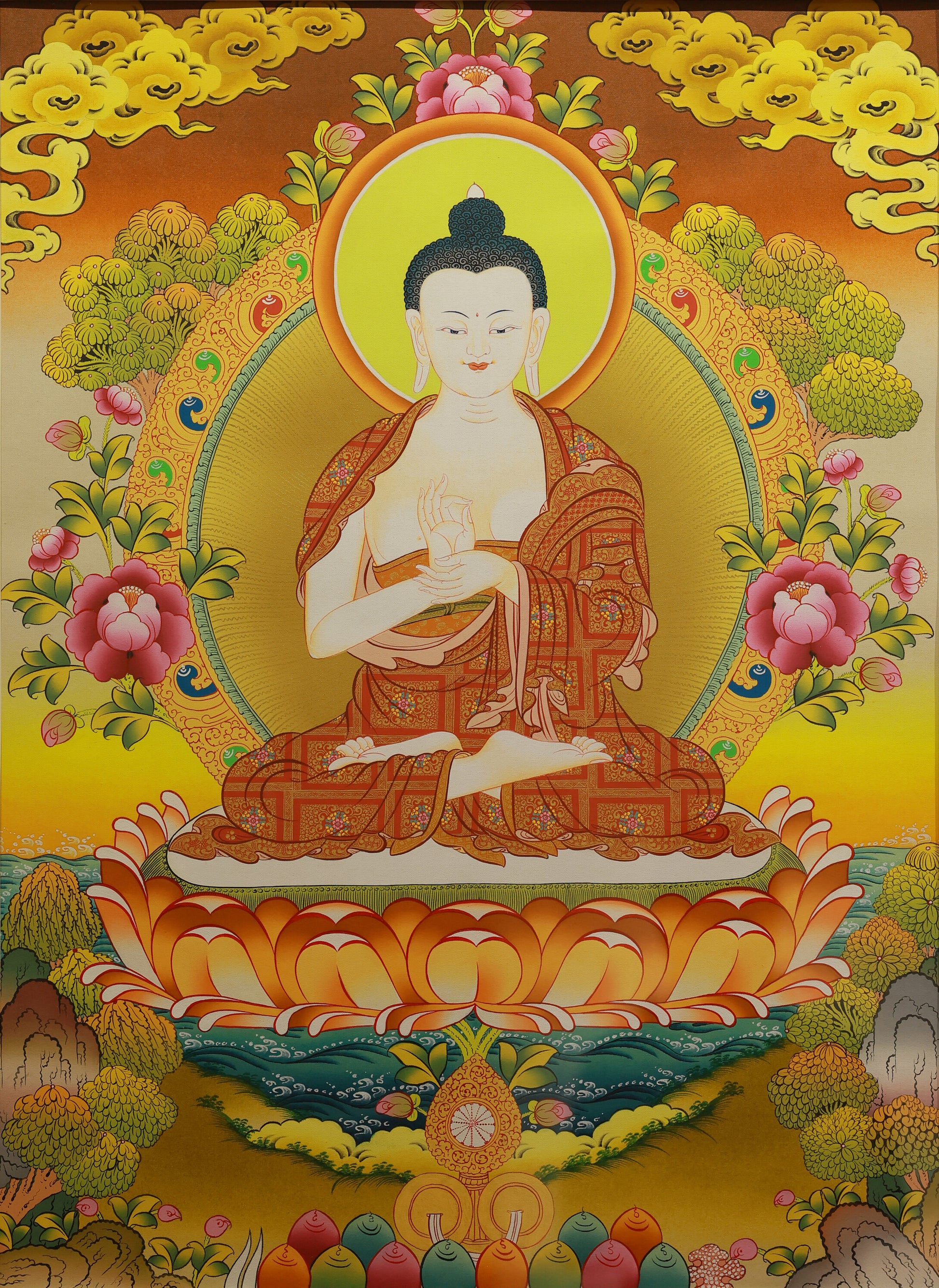 Colorful Tibetan Thangka of Dainichi Buddha with intricate gold details, traditional sacred artwork.
