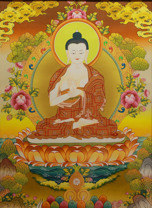 Colorful Tibetan Thangka of Dainichi Buddha with intricate gold details, traditional sacred artwork.