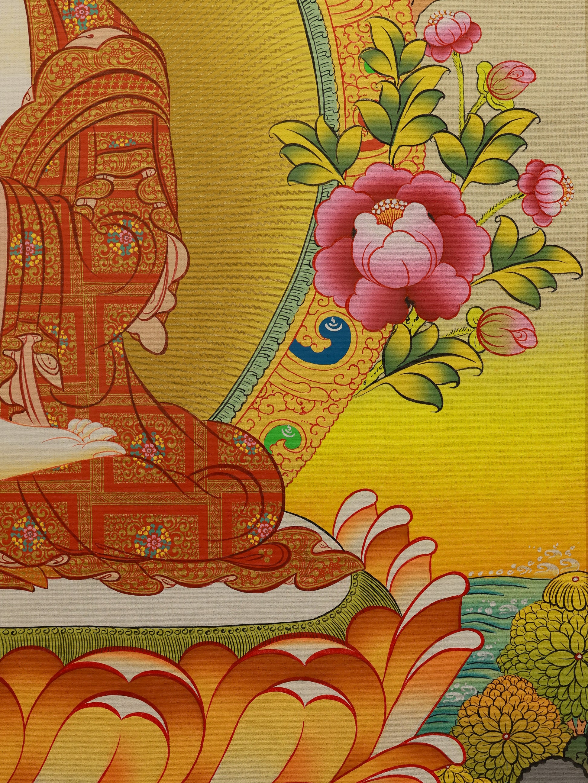 Dainichi Buddha in a meditative pose on a Tibetan Thangka, featuring vivid colors and spiritual atmosphere.