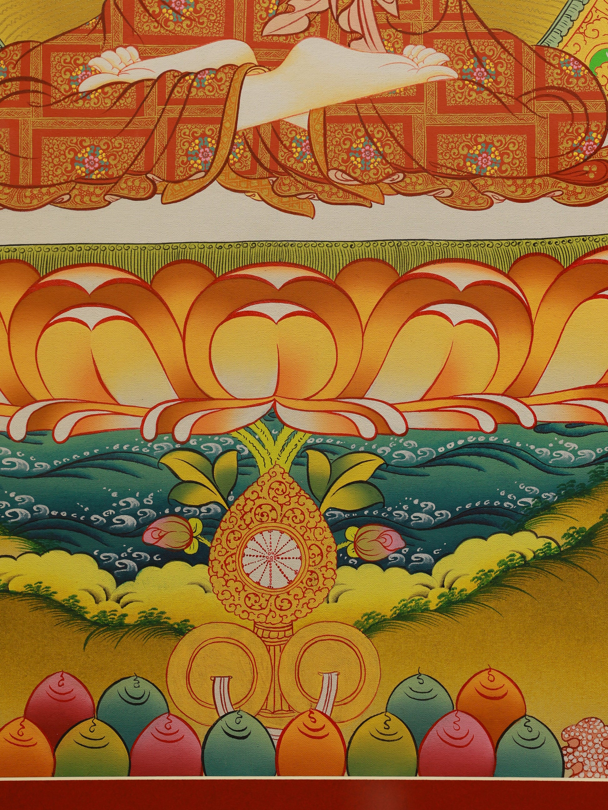 Traditional Tibetan Thangka artwork featuring Dainichi Buddha, detailed and colorful religious painting.