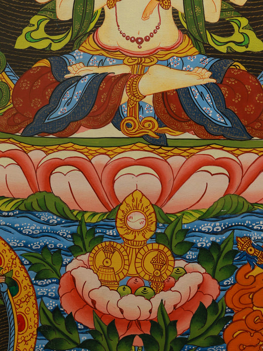 Traditional Tibetan color thangka art of Vairocana Buddha, the central Buddha representing ultimate truth and dharmakaya.