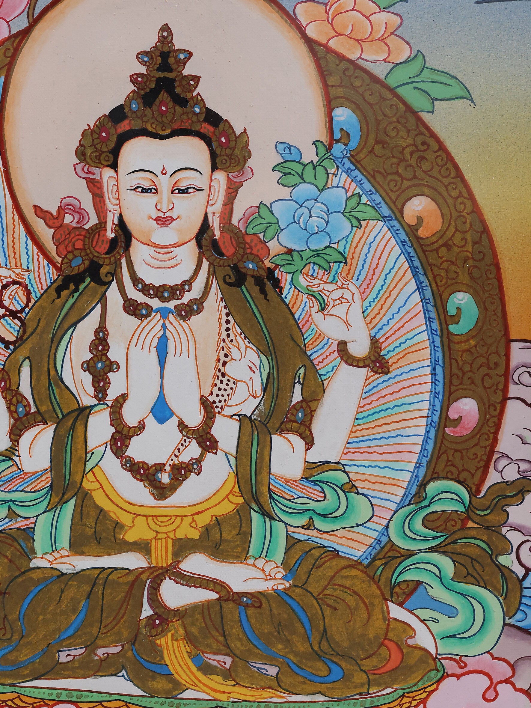 Tibetan Buddhist art thangka featuring Four-Armed Chenrezig, the bodhisattva of compassion