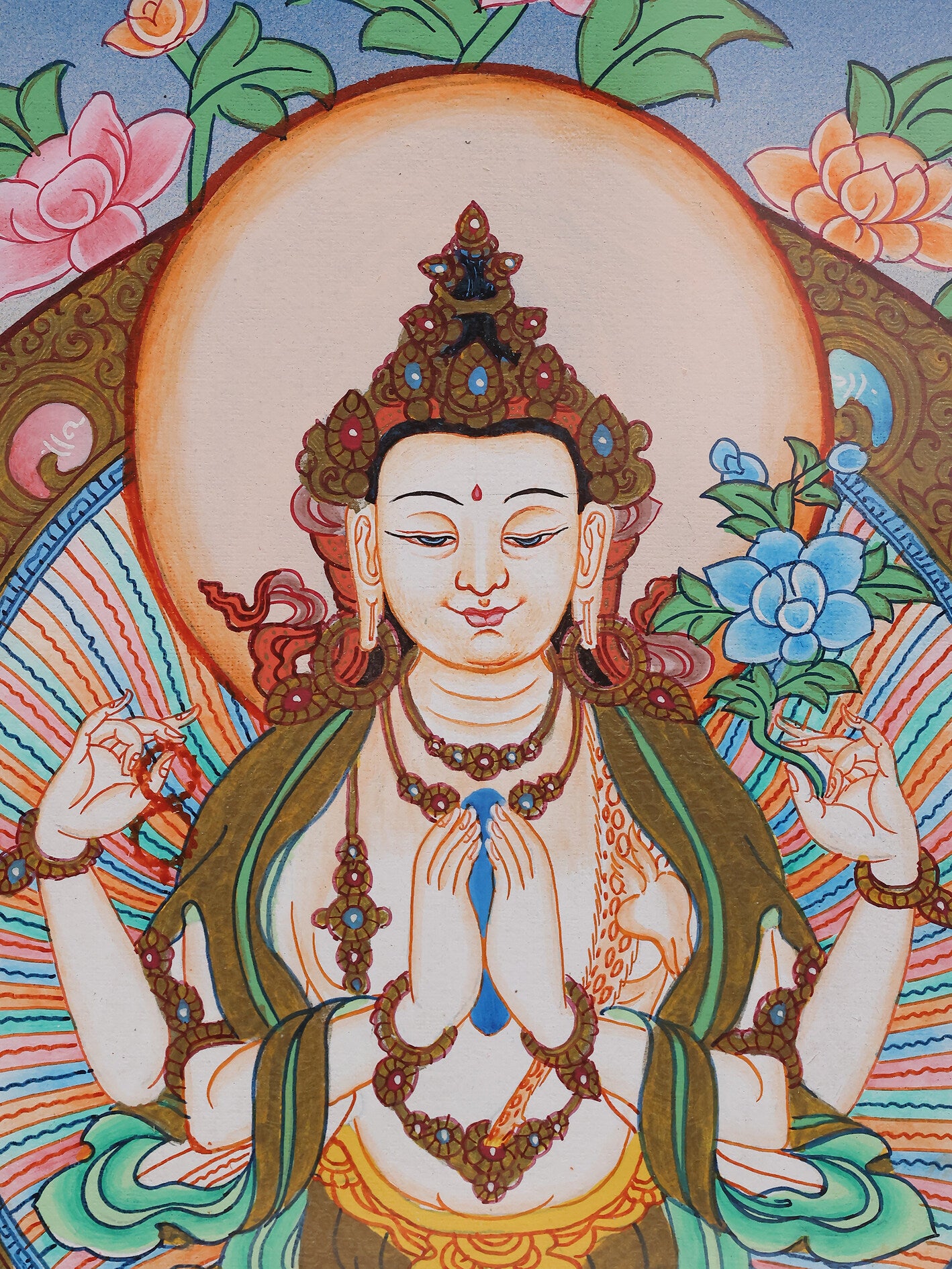 Authentic Tibetan color thangka showing Chaturbhuja Avalokiteshvara, revered for compassion and spiritual protection