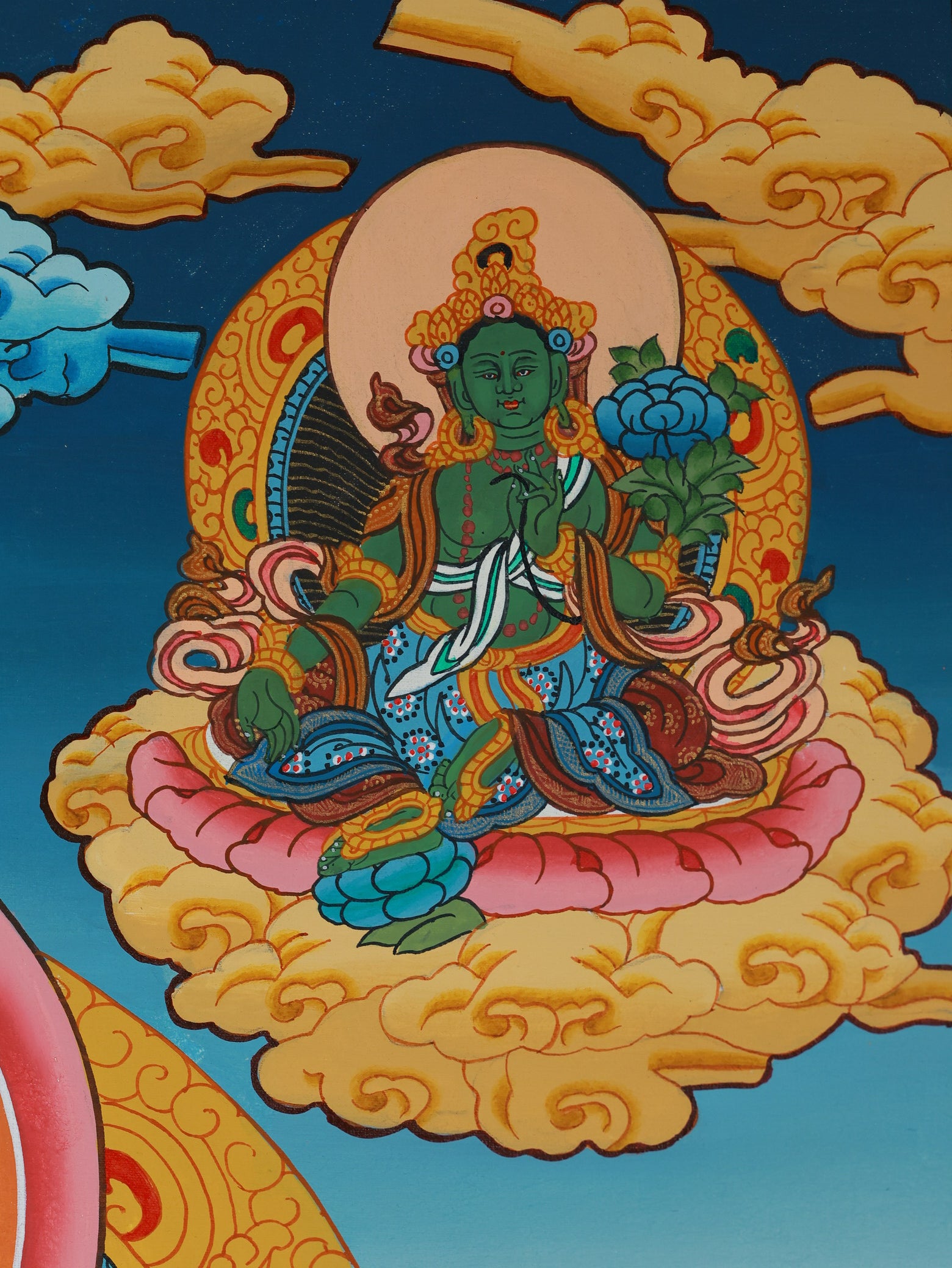Tibetan Buddhist wealth deity Vaishravana illustrated in a detailed color thangka artwork