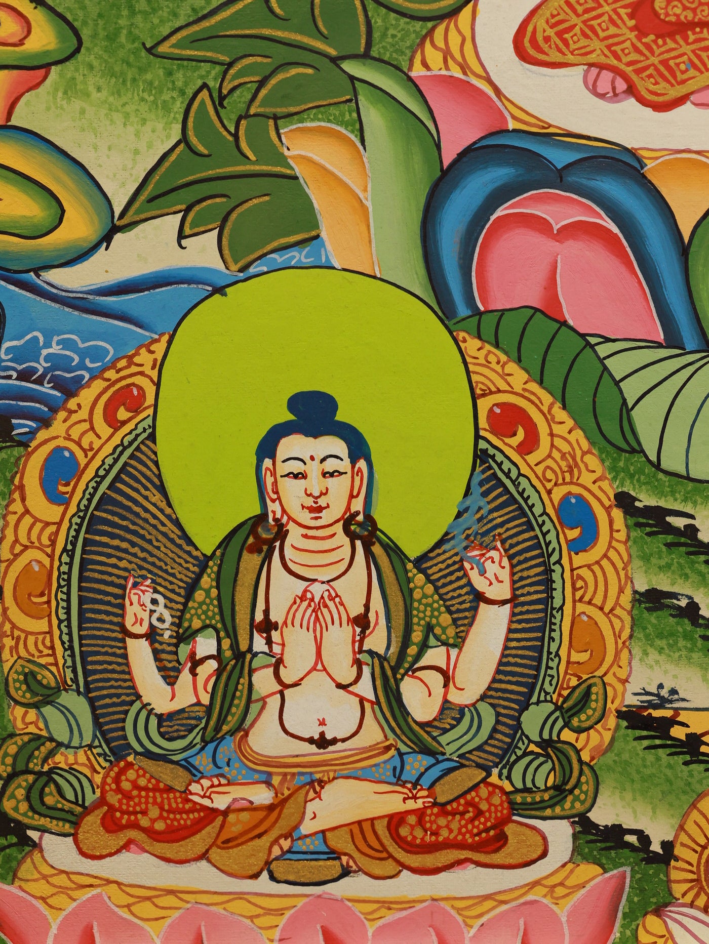 A vegetarian-color style thangka of Manjushri with a golden Buddha aura, expressing compassion and wisdom in Tibetan Buddhist art.