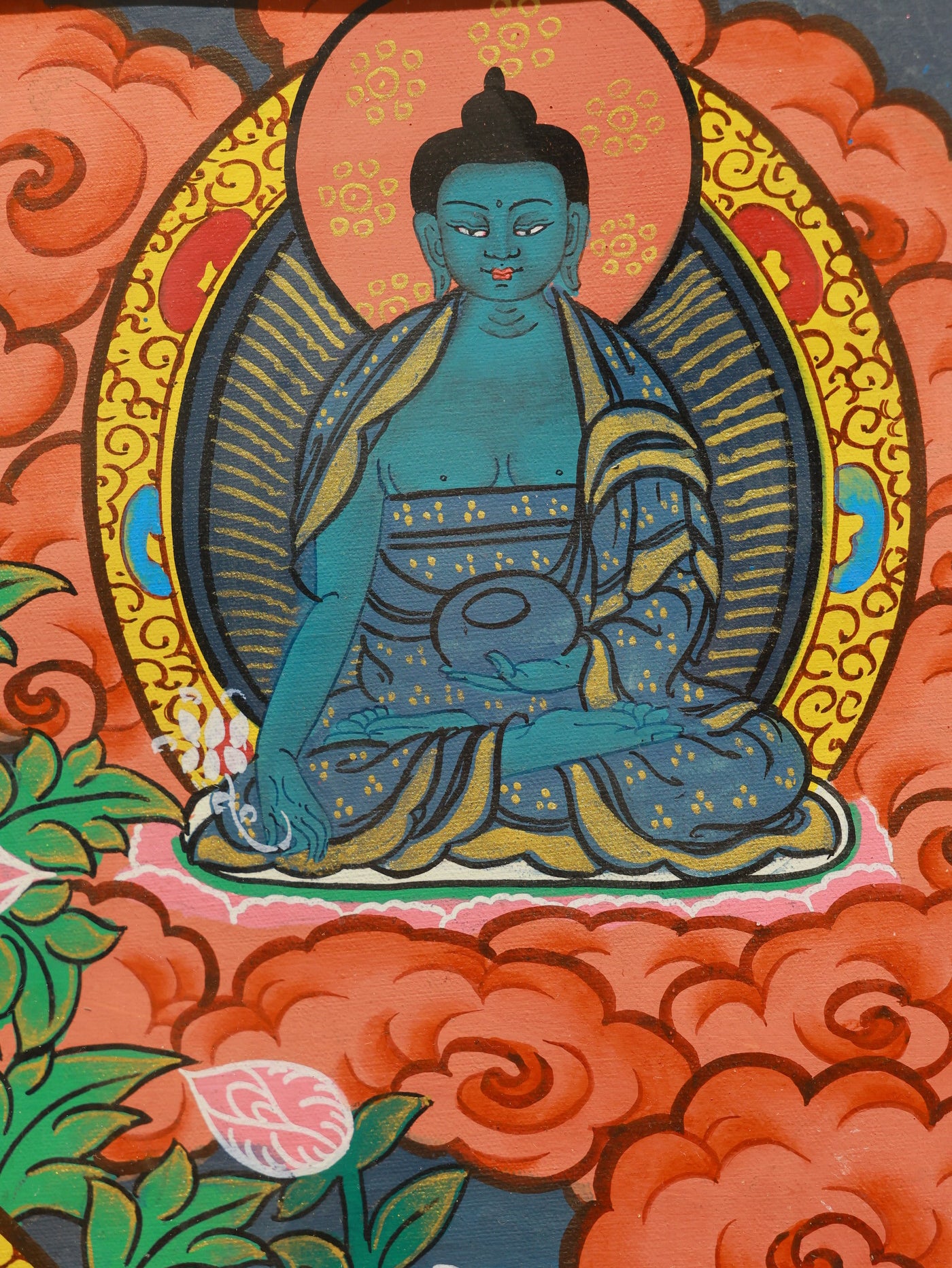 Tibetan color thangka of Shakyamuni Buddha at Bodhgaya, symbolizing the sacred site of enlightenment in Buddhist tradition.