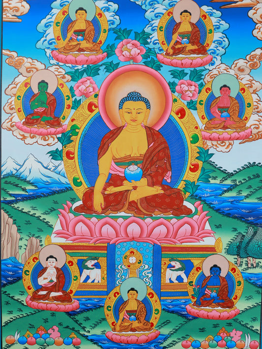 Color Tibetan thangka of Shakyamuni Buddha seated in meditation, symbolizing enlightenment in Tibetan Buddhist culture