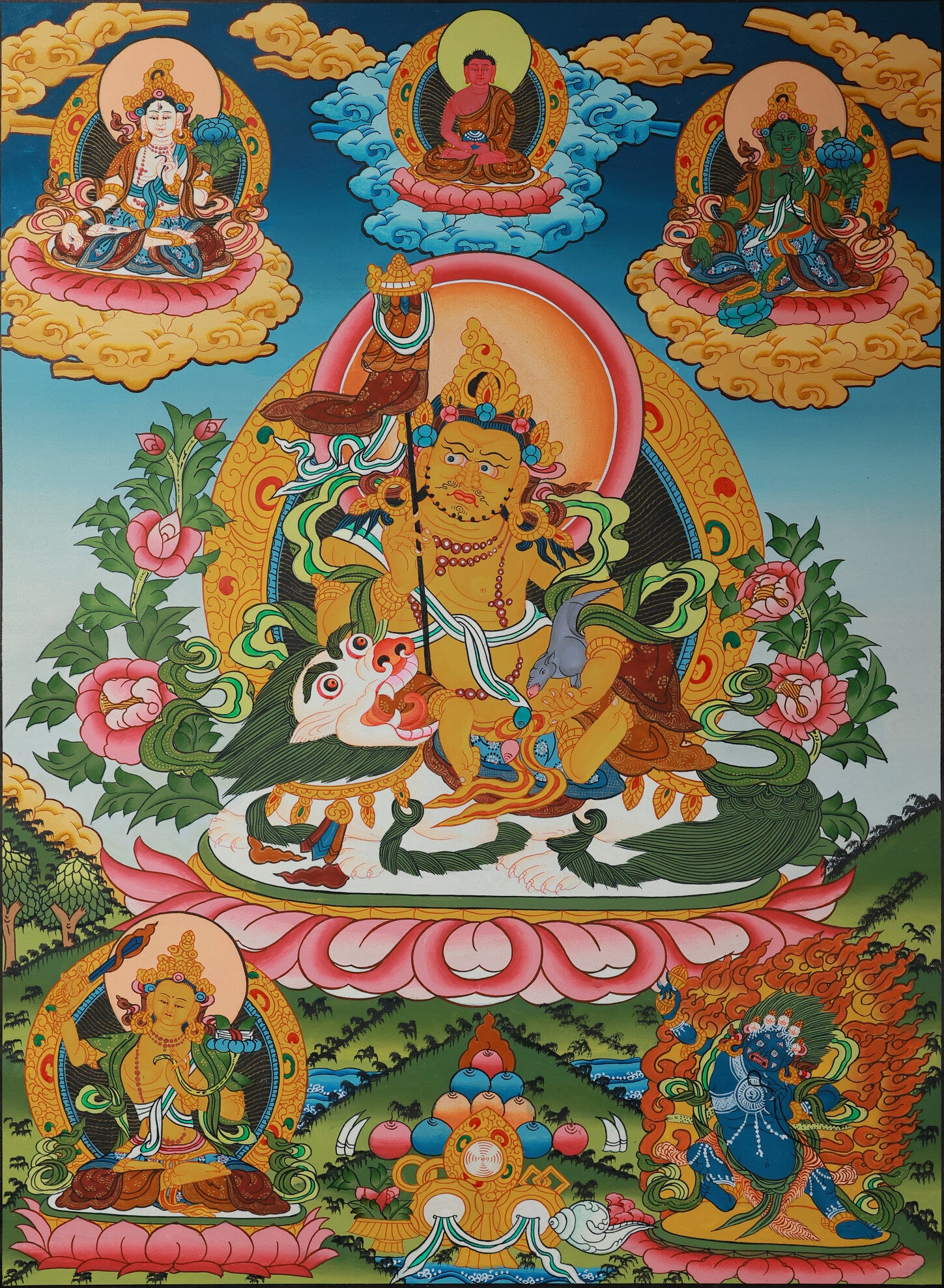 Hand-painted Tibetan Buddhist color thangka depicting Vaishravana, the guardian deity of wealth and prosperity