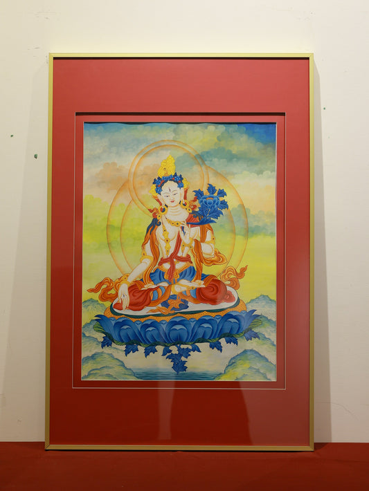 Hand-painted thangka of White Tara showcasing meticulous Regong art style. Rich mineral pigments and precise gold outlining highlight her form against a detailed mandala background, representing the pure realm.