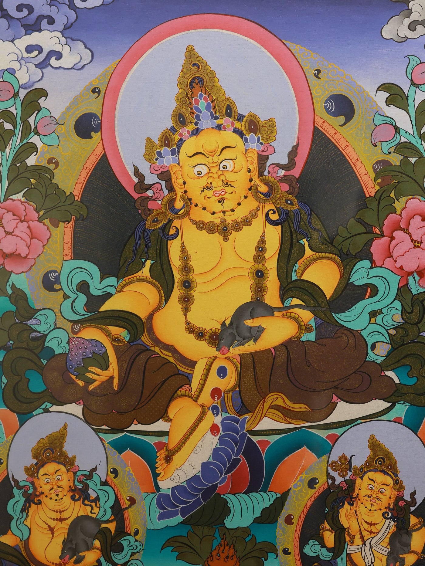 Traditional Tibetan Buddhist thangka painting featuring Yellow Jambhala, the god of wealth and generosity