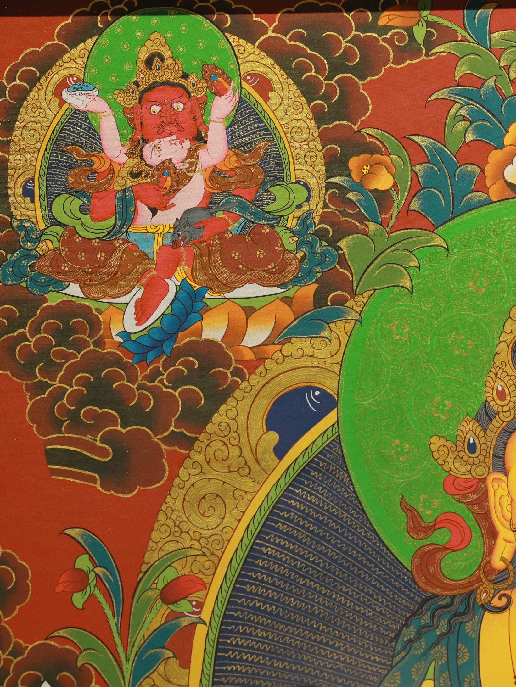 Tibetan Buddhist wealth thangka showing Yellow Jambhala as the main deity surrounded by the Five Wealth Gods in a sacred mandala composition.