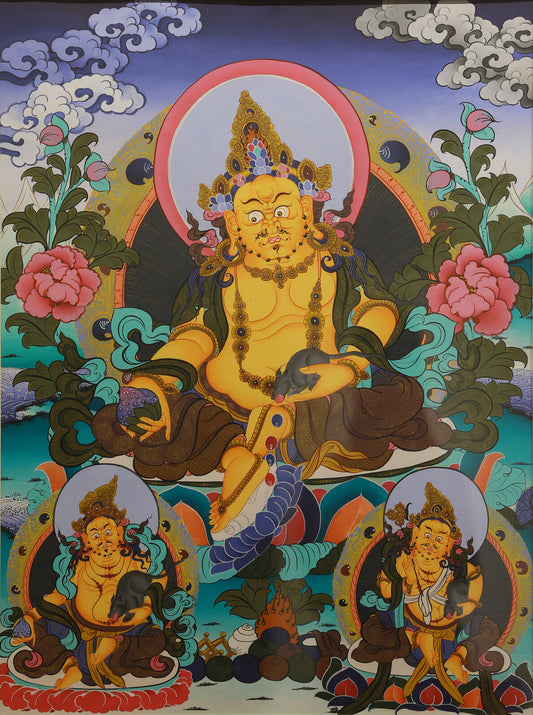Color Thangka depicting Yellow Jambhala, the Tibetan Buddhist wealth deity, symbolizing prosperity and abundance