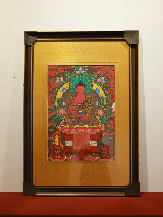 Tibetan Buddhist color thangka of Amitabha Buddha seated in the Western Pure Land paradise