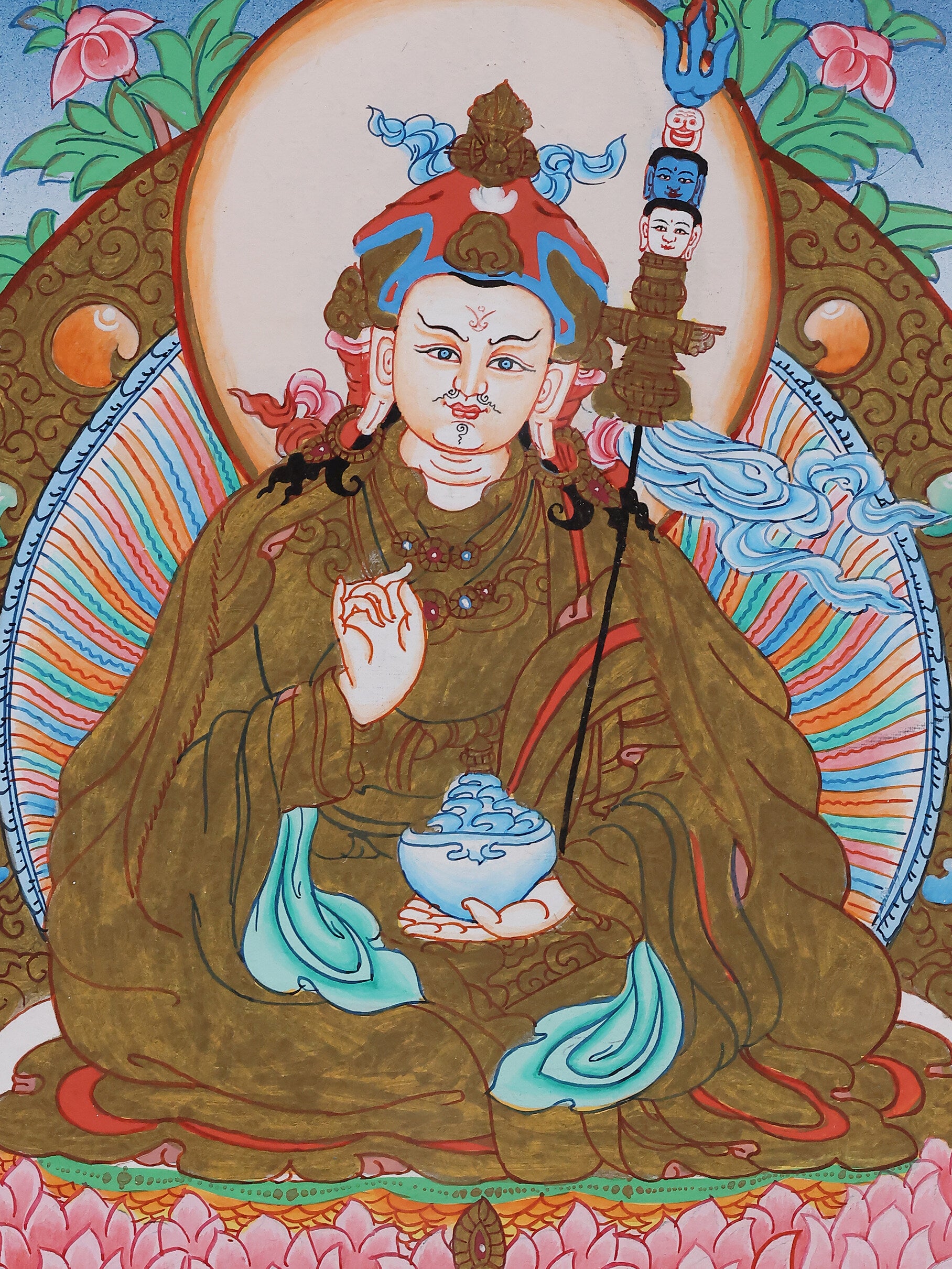 Tibetan Buddhist colored thangka of Padmasambhava in meditation posture, symbol of wisdom and spiritual awakening