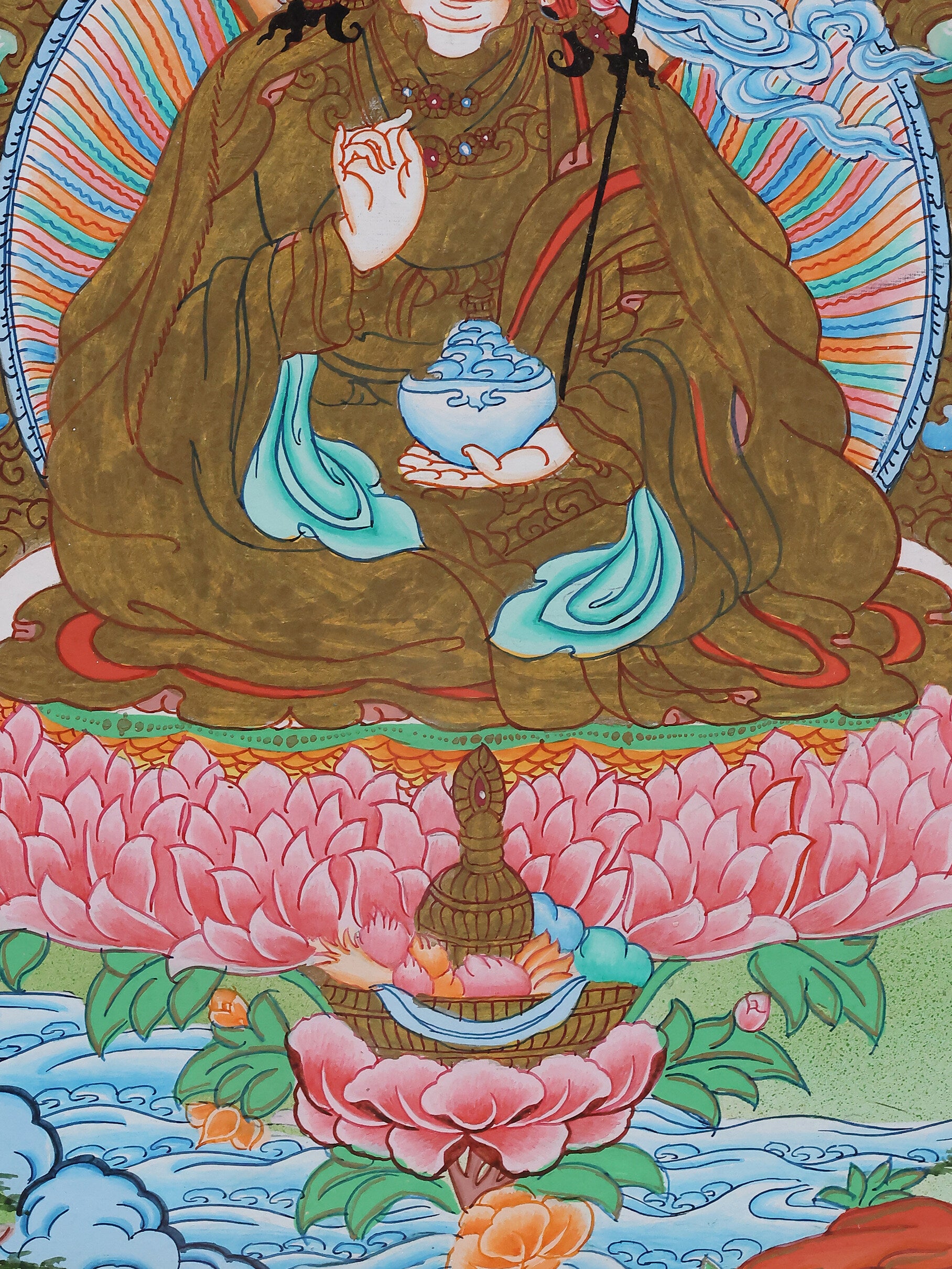 Hand-painted Padmasambhava thangka artwork representing Tibetan Buddhist spiritual tradition and tantric lineage