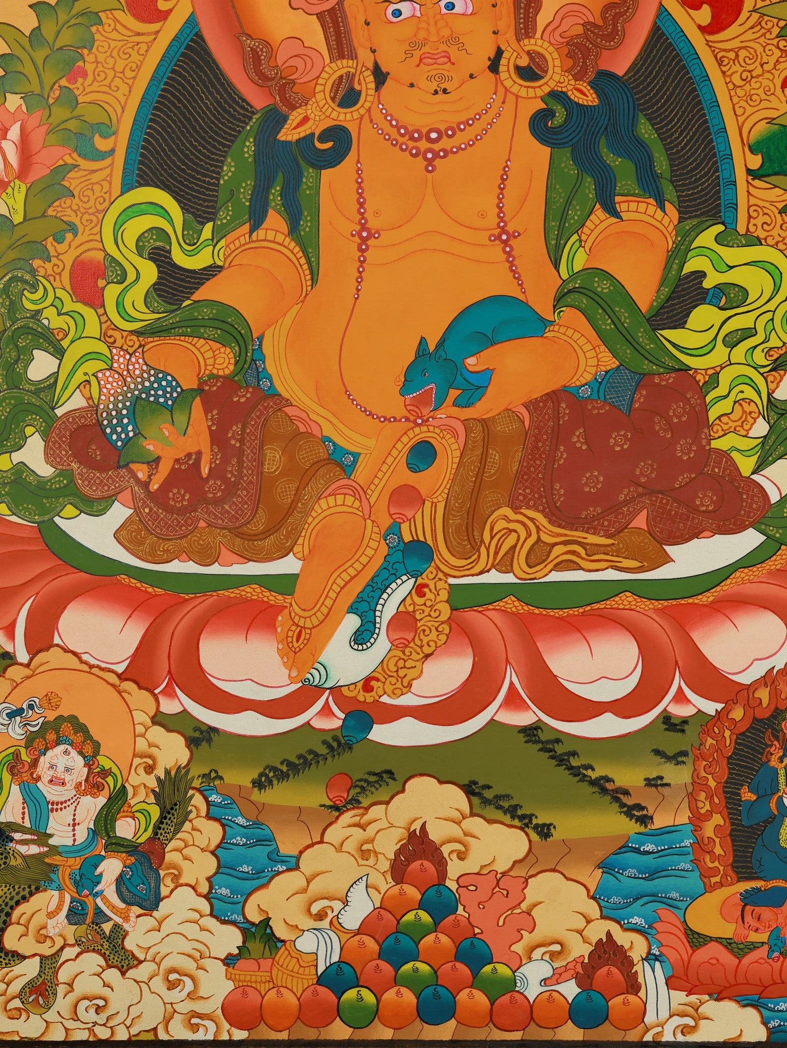 Vibrant Tibetan Thangka depicting Yellow Jambhala, the central figure of the Five Wealth Gods.