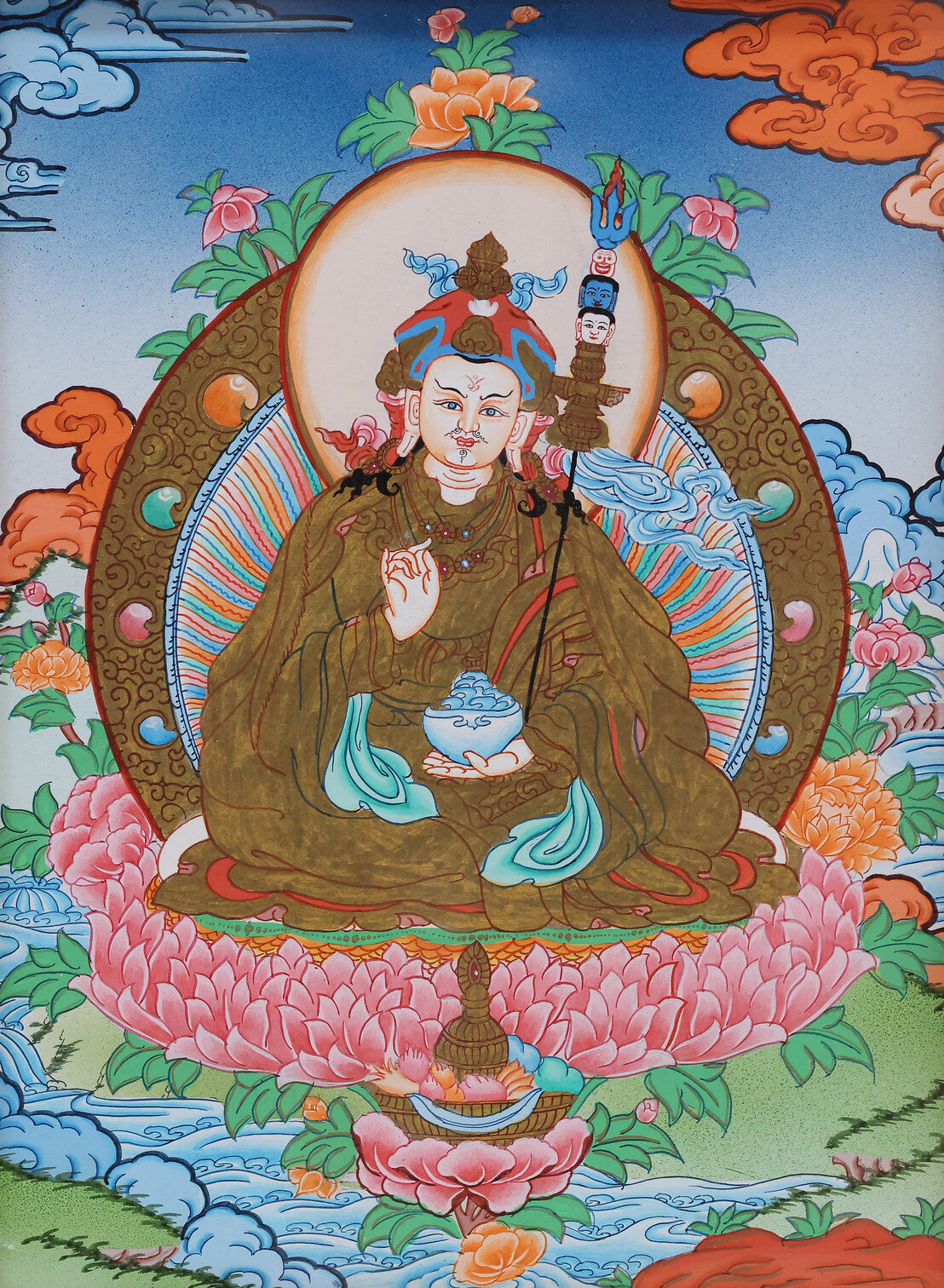 Handcrafted colored Padmasambhava thangka, traditional Tibetan Buddhist religious art with rich symbolic details