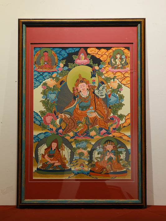 Padmasambhava deity Thangka painting in vibrant Tibetan Buddhist style.